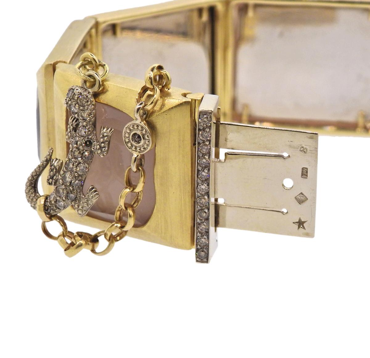 H. Stern Rose Quartz Diamond Lizard Gold Bracelet In Excellent Condition For Sale In Lambertville, NJ