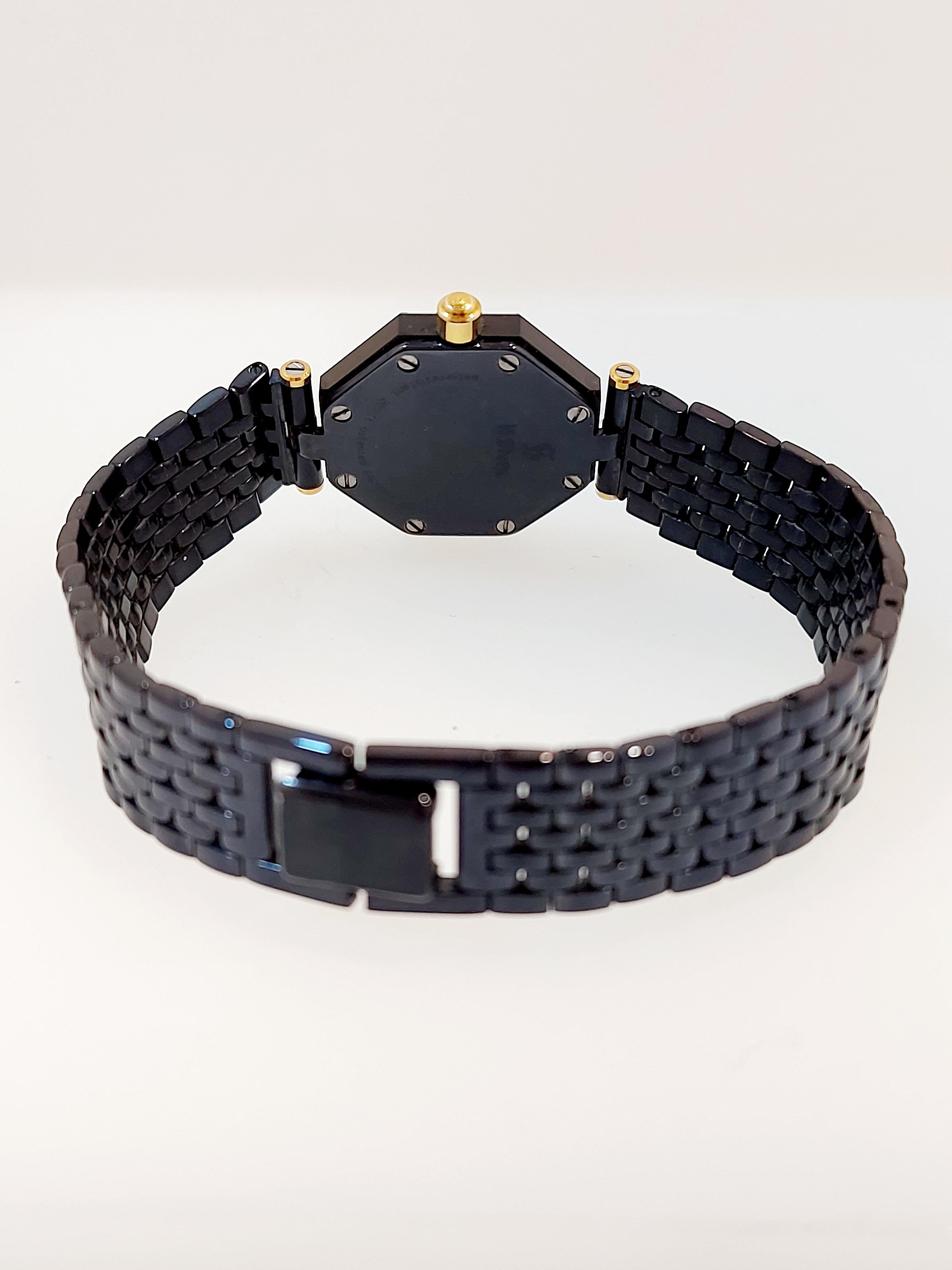 Damen H Stern Safira achteckige Quarzarmbanduhr blaues Glaszifferblatt auf Keramikarmband mit gelben Beschlägen und einem Brillanten 0,01ct bei 12 Uhr 

