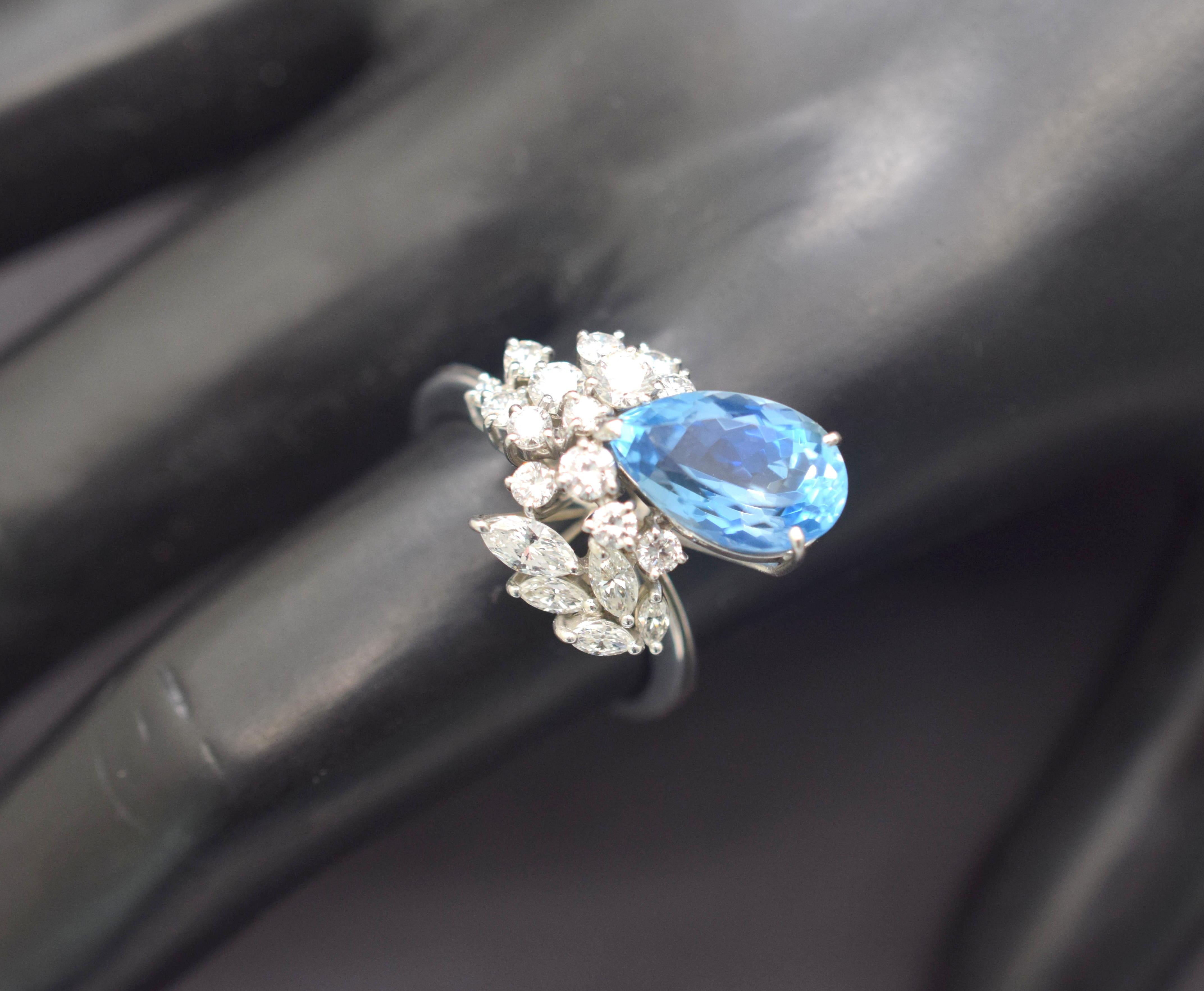 Gorgeous design from famed designer H. Stern. This ring is crafted in 18k white gold. This ring is highlighted by a fantastic pear shape Santa Maria Aqua Marine.  The Aqua Marine shows a deep blue hue found in the highest gem quality Aqua Marines.