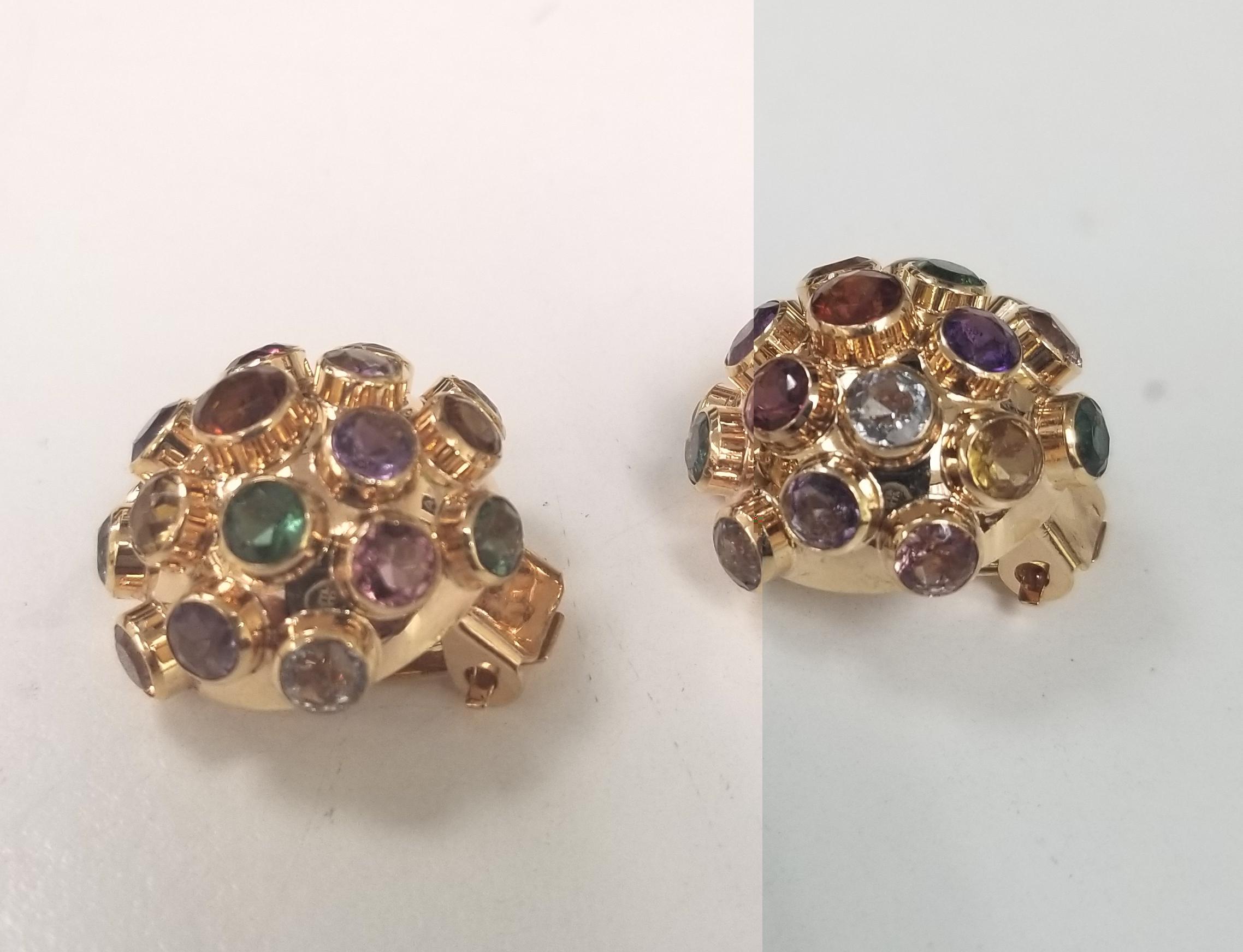 A vintage Sputnik style ring in 18 karat rose gold. Featuring a plethora of gemstones including 19 stones Pink and Green tourmaline, Amethyst, Citrine, Garnet, Aquamarine, and more this is a fantastic example of an original H. Stern Sputnik earring