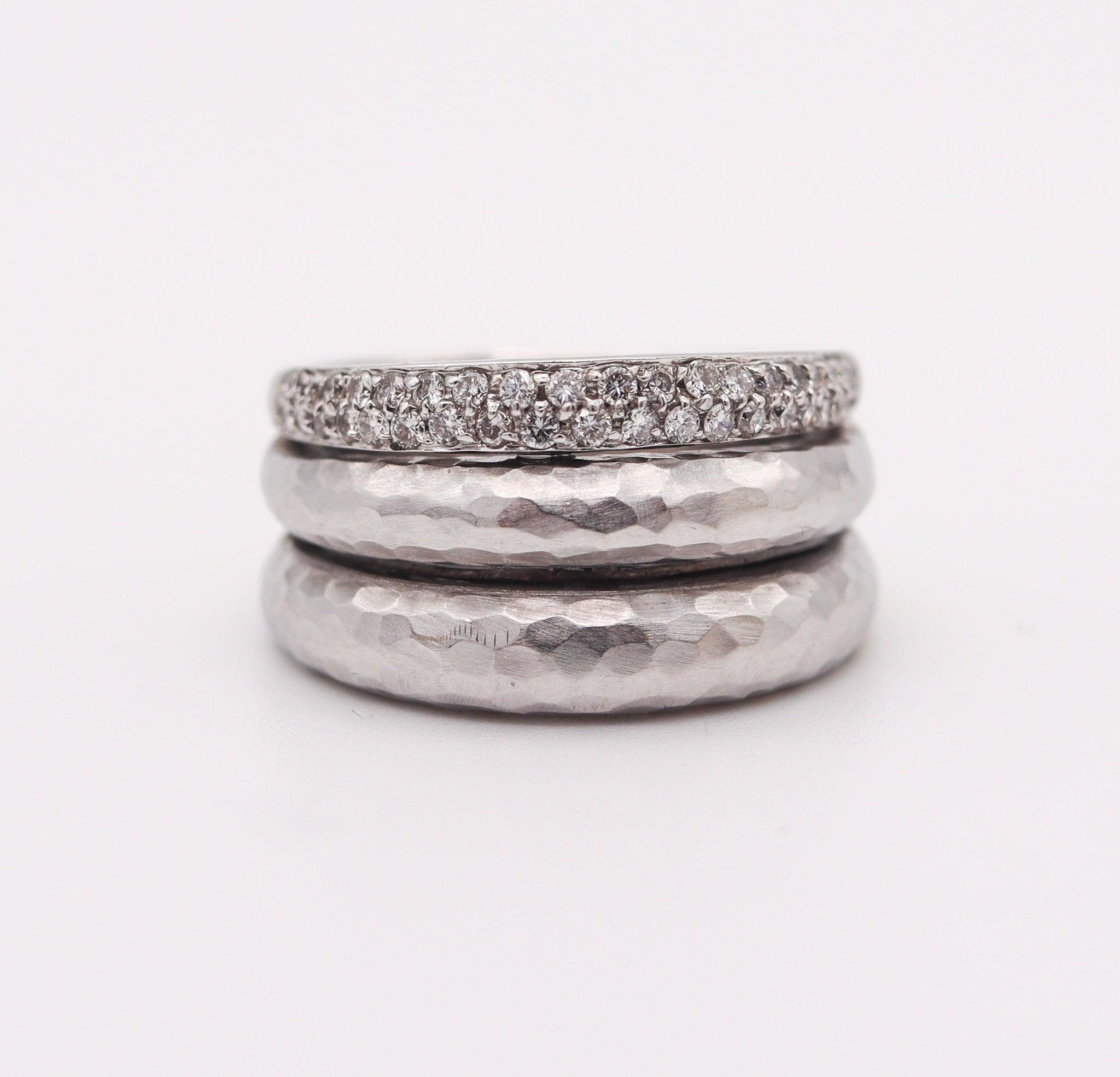 Modernist H. STERN Triple Band Ring In Solid Hammered 18Kt White Gold With 40 Diamonds For Sale