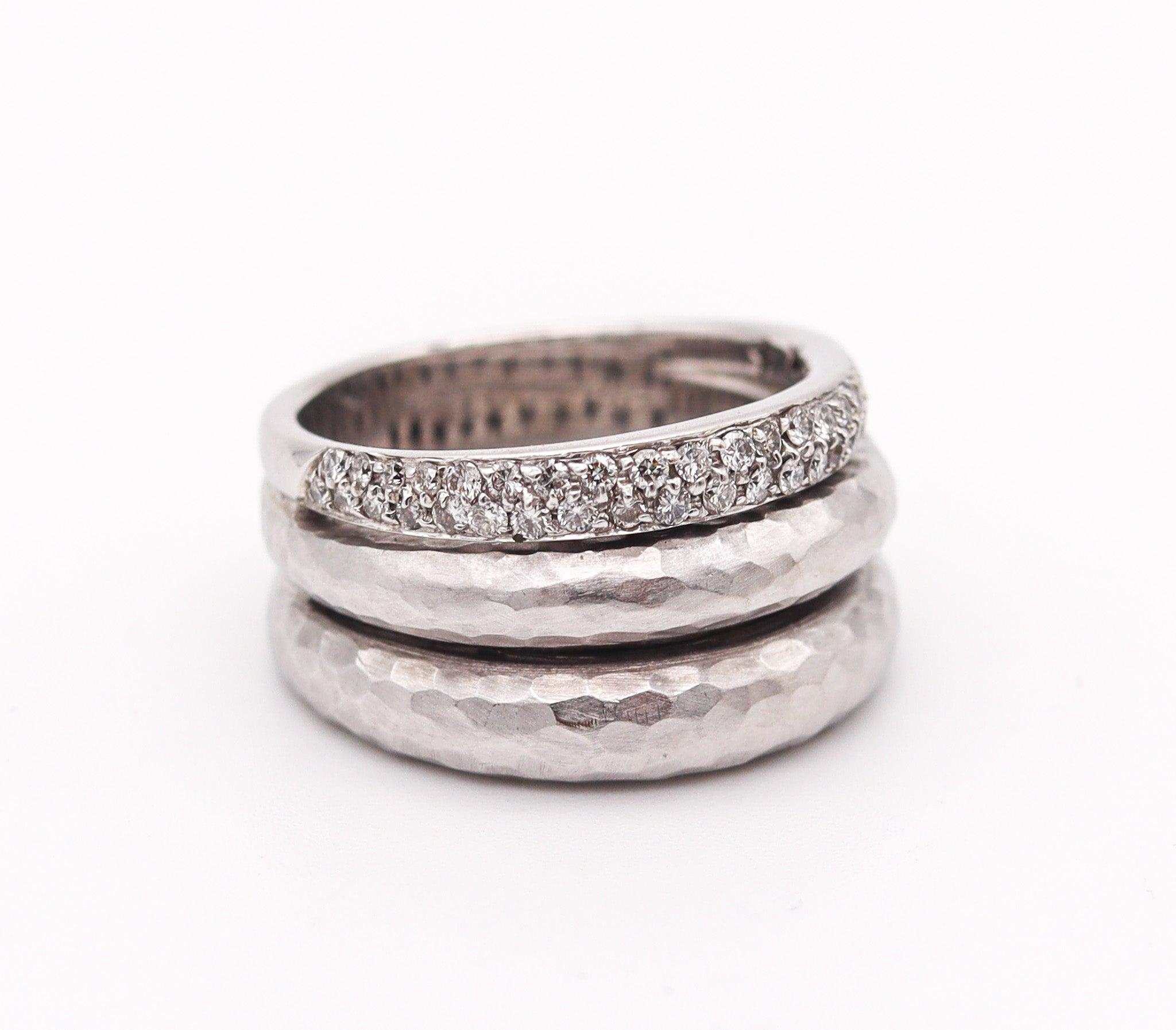 Brilliant Cut H. STERN Triple Band Ring In Solid Hammered 18Kt White Gold With 40 Diamonds For Sale
