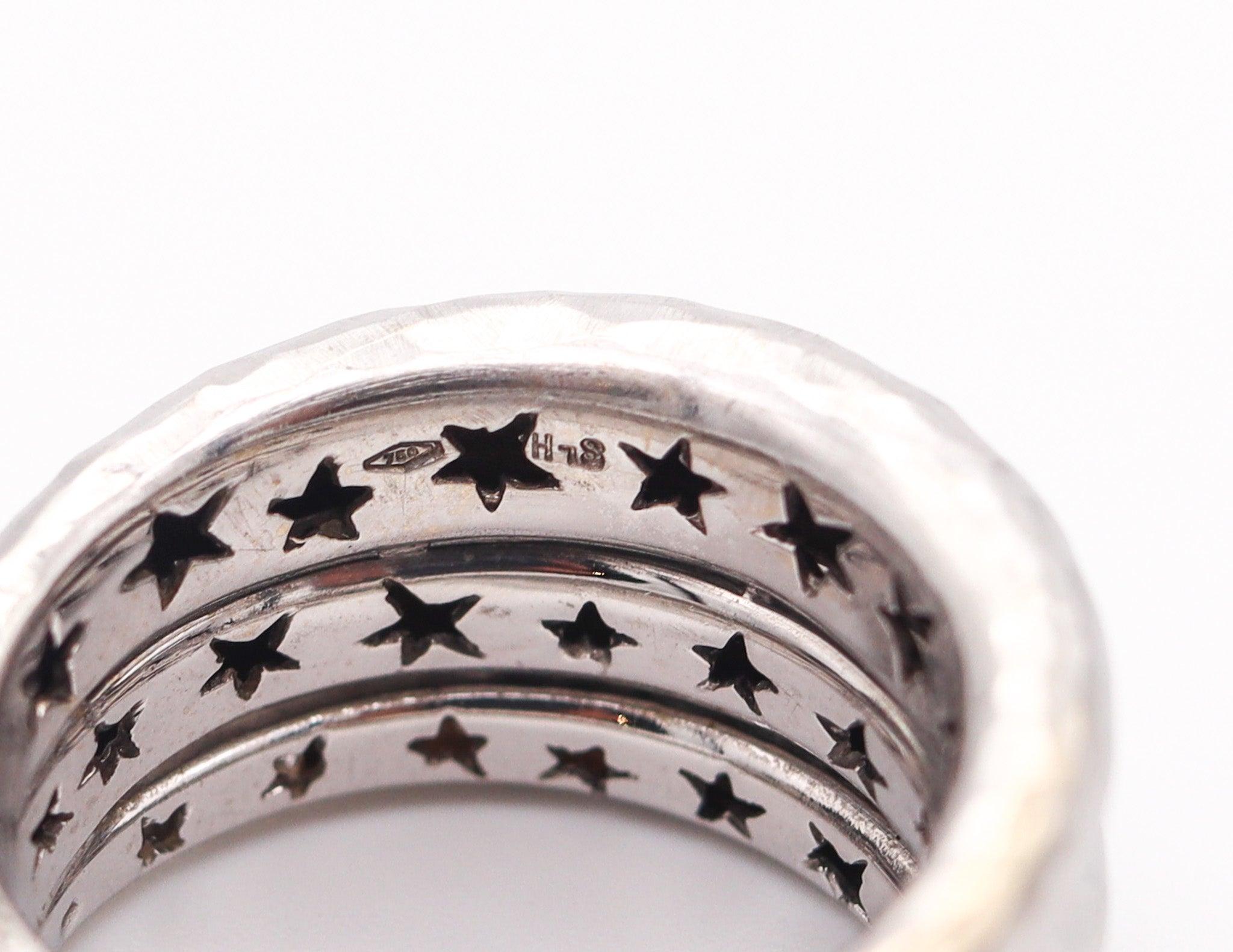 H. STERN Triple Band Ring In Solid Hammered 18Kt White Gold With 40 Diamonds In Excellent Condition For Sale In Miami, FL