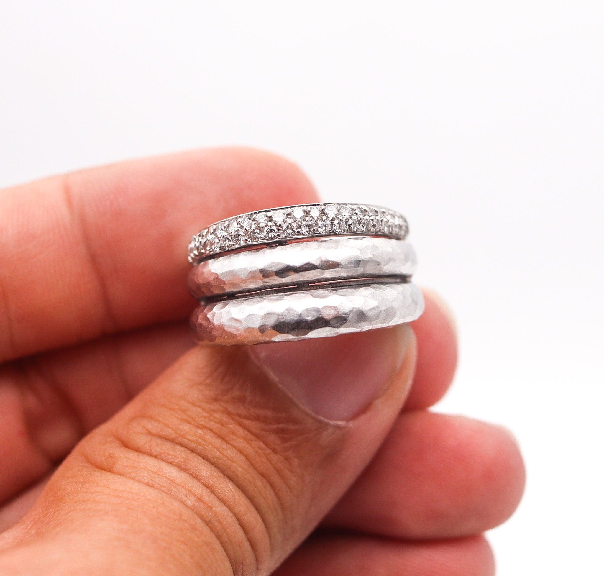 Women's or Men's H. STERN Triple Band Ring In Solid Hammered 18Kt White Gold With 40 Diamonds For Sale