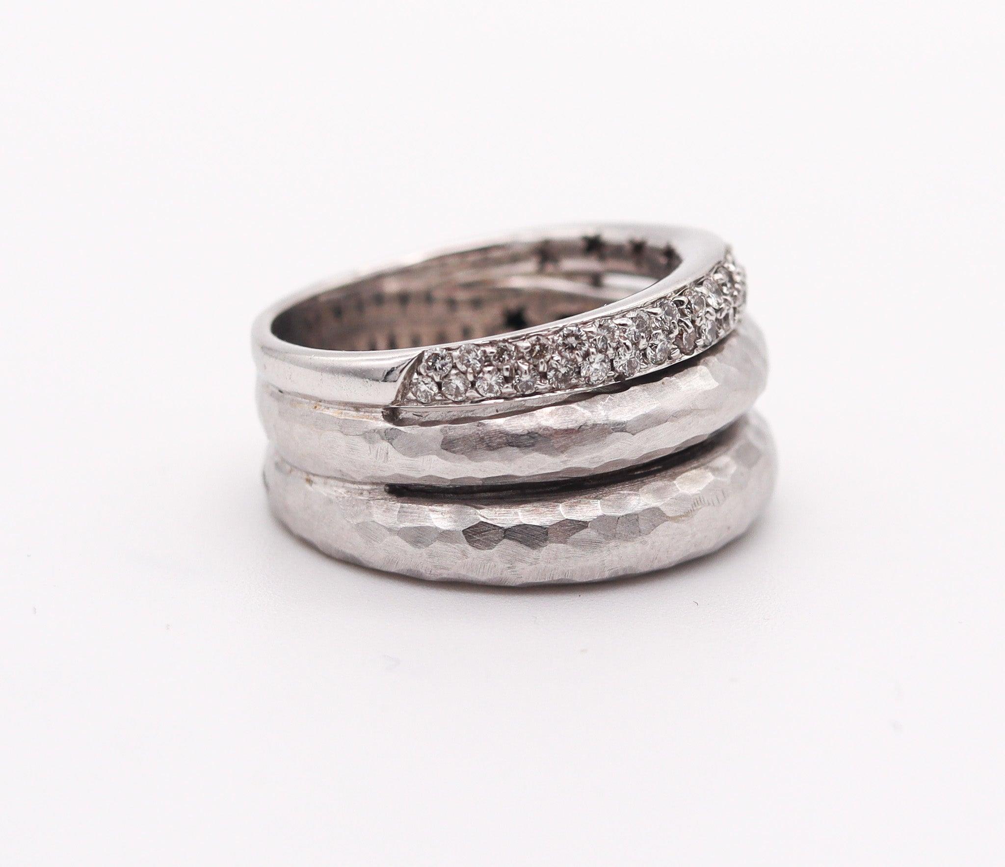 H. STERN Triple Band Ring In Solid Hammered 18Kt White Gold With 40 Diamonds For Sale 2