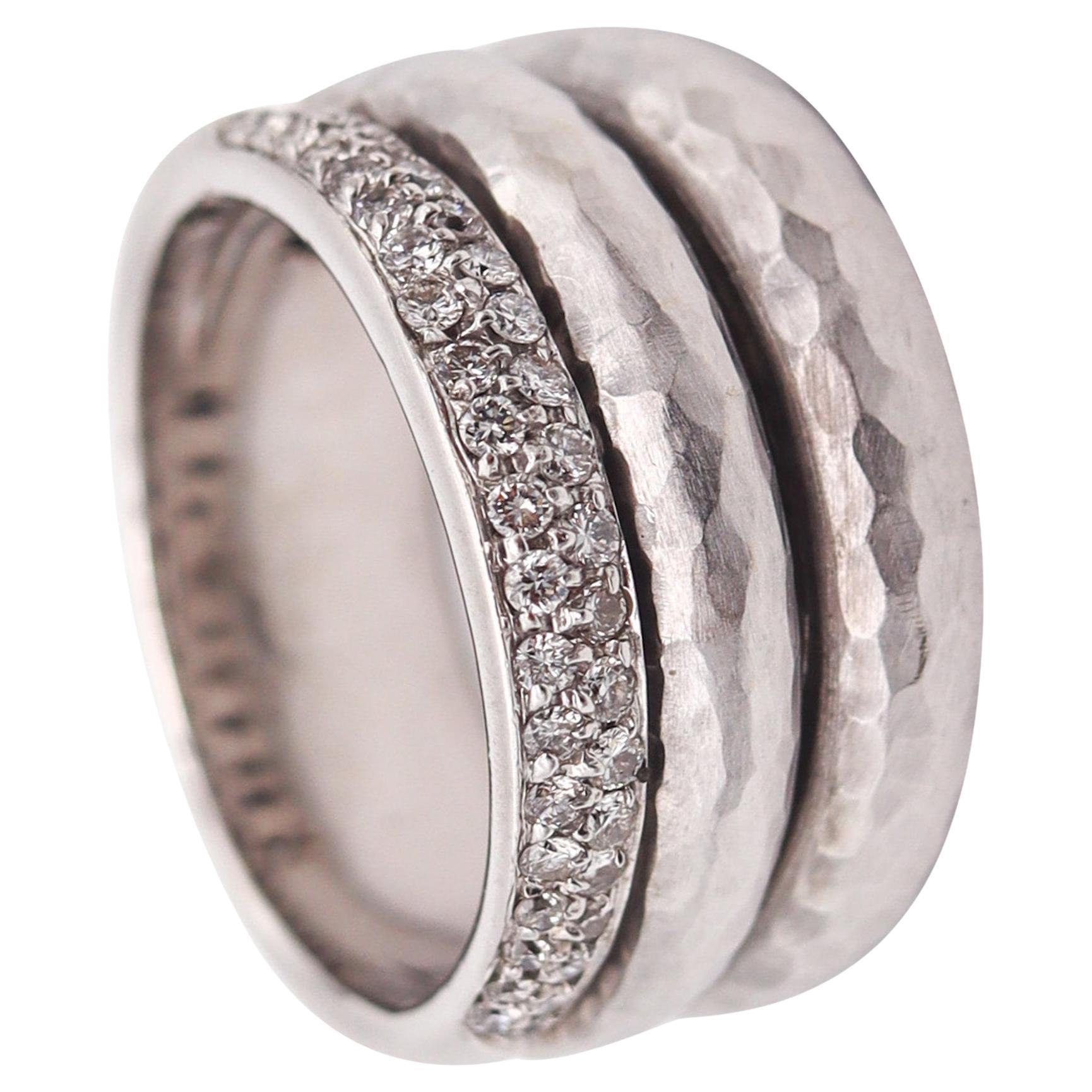 H. STERN Triple Band Ring In Solid Hammered 18Kt White Gold With 40 Diamonds
