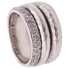 H. STERN Triple Band Ring In Solid Hammered 18Kt White Gold With 40 Diamonds