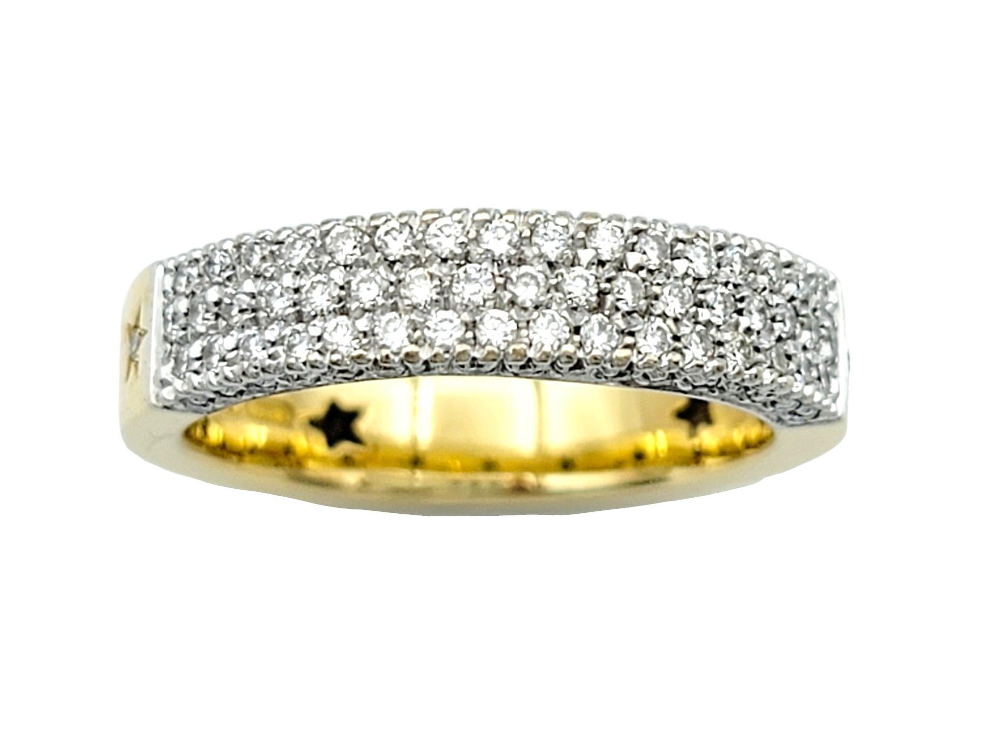 Ring Size: 6.75

This beautiful H. Stern diamond band ring set in 18 karat yellow gold is a stunning piece that exudes elegance and sophistication. Featuring three rows of dazzling diamonds along the top of the band, this ring catches the light from