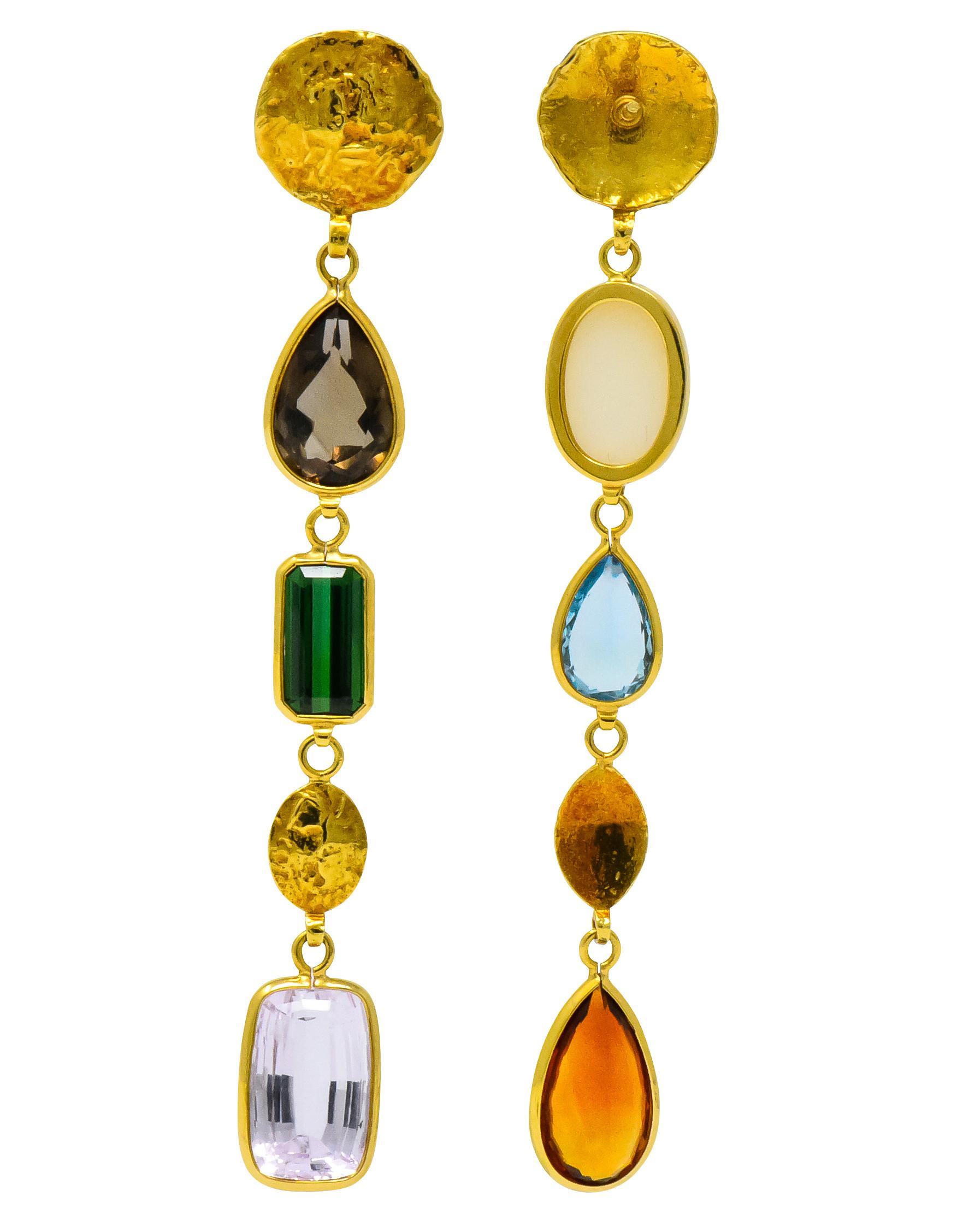 H. Stern Vintage Multi-Gem 18 Karat Gold Asymmetrical Drop Earrings In Excellent Condition In Philadelphia, PA