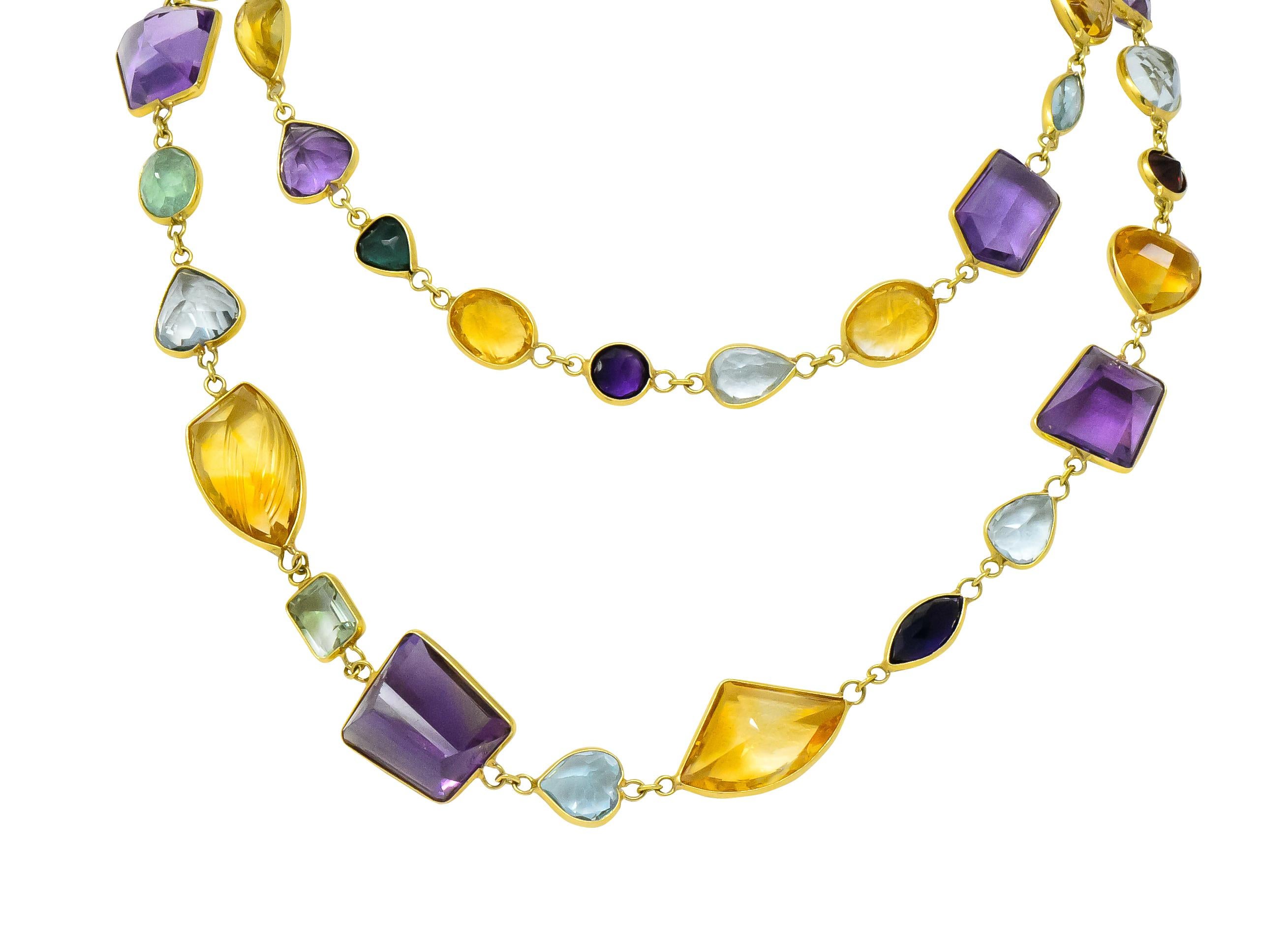 Designed as bezel set fantasy cut gemstones in range of colors and shapes

Comprised of amethyst, citrine, aquamarine, tourmaline, garnet, green quartz

With maker's mark for H. Stern

Circa 1970's

Length: 30 1/2 inches

Total Weight: 60