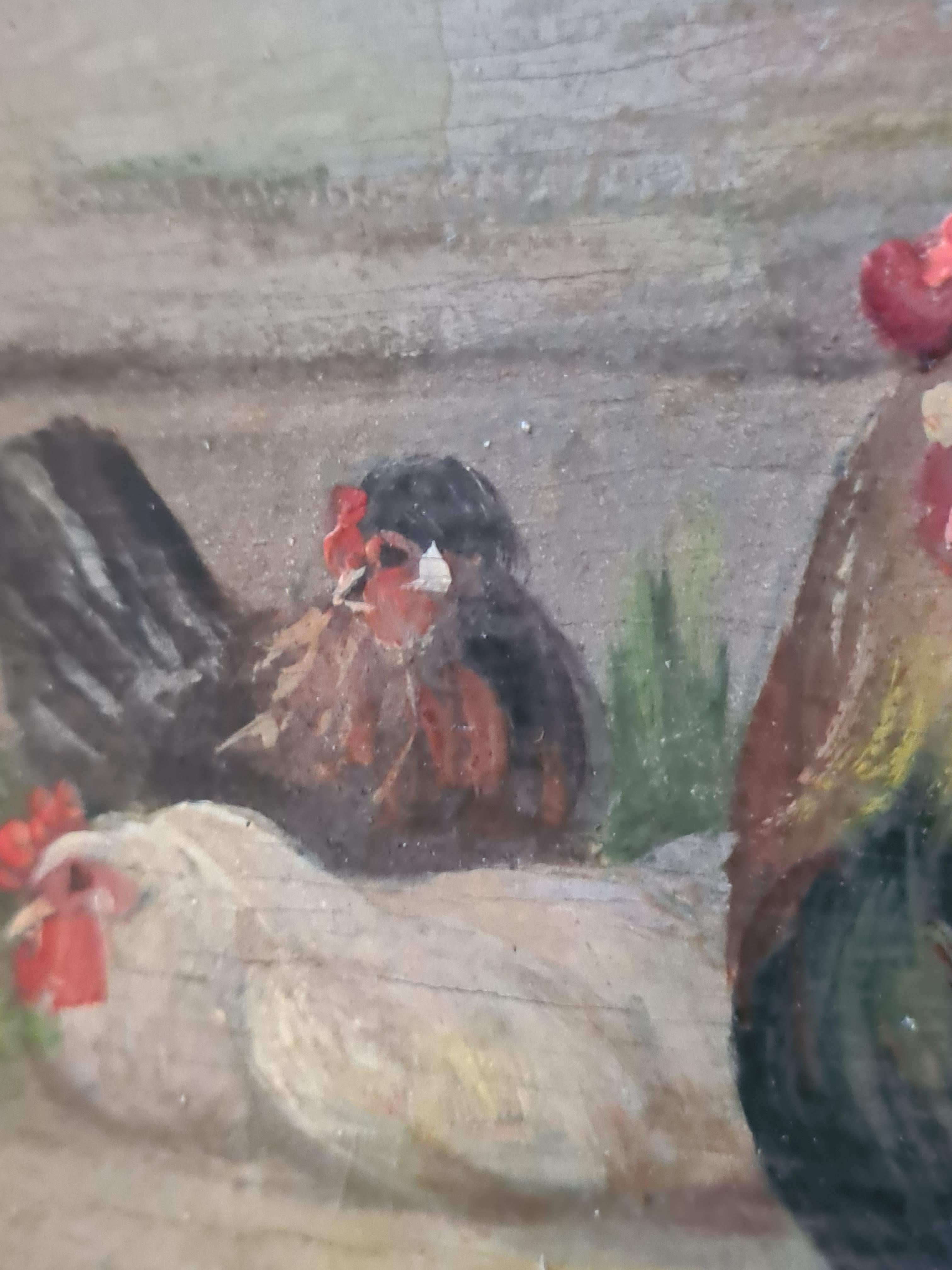 Óleo francés sobre tabla Paisaje rural, gallinas y patos en un corral. en venta 5