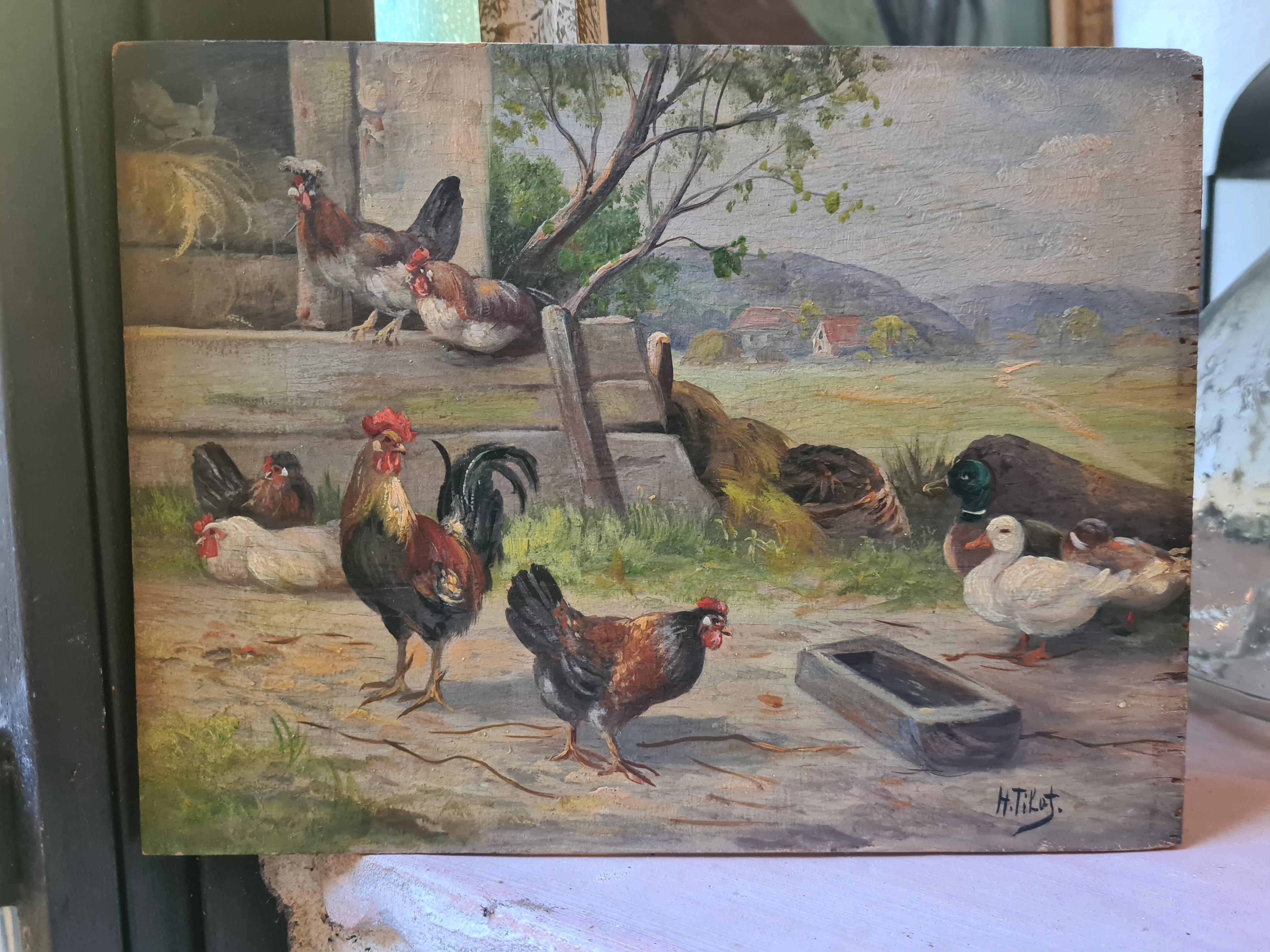 Óleo francés sobre tabla Paisaje rural, gallinas y patos en un corral. en venta 6
