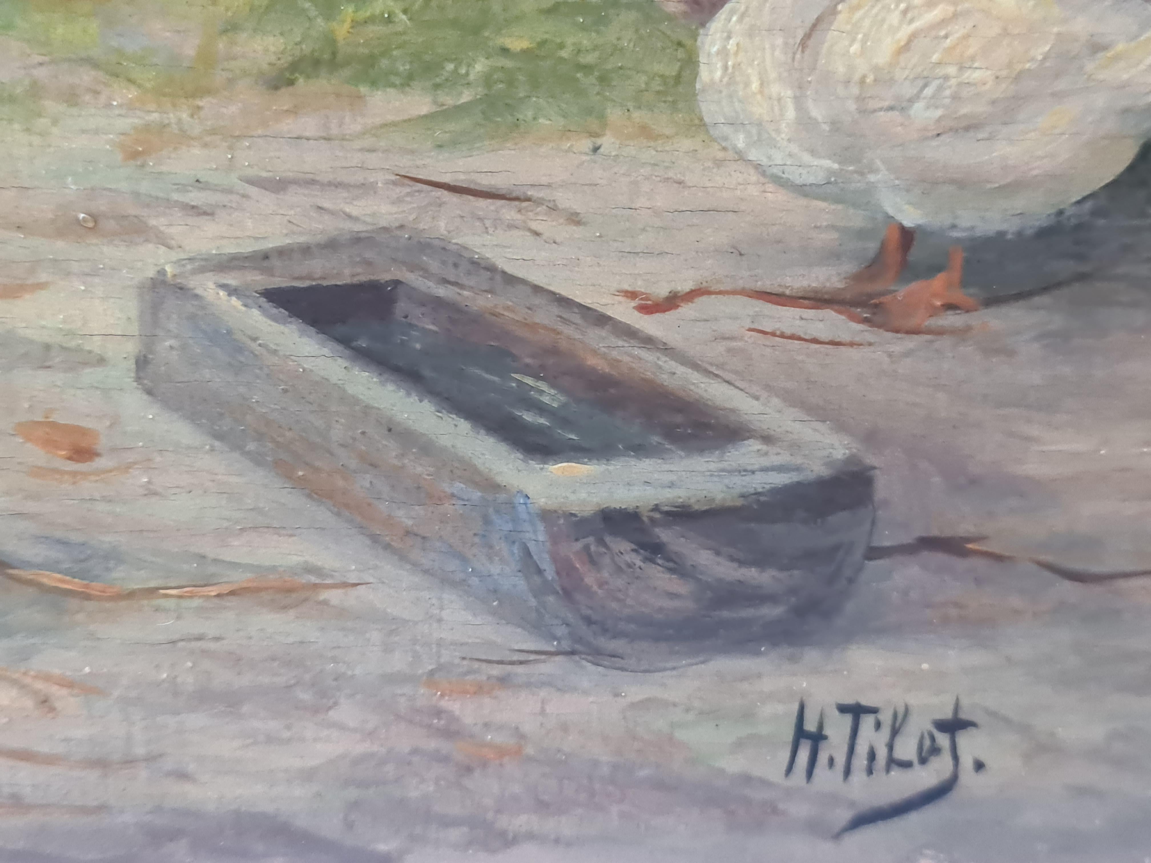 Óleo francés sobre tabla Paisaje rural, gallinas y patos en un corral. - Painting de H Tikat
