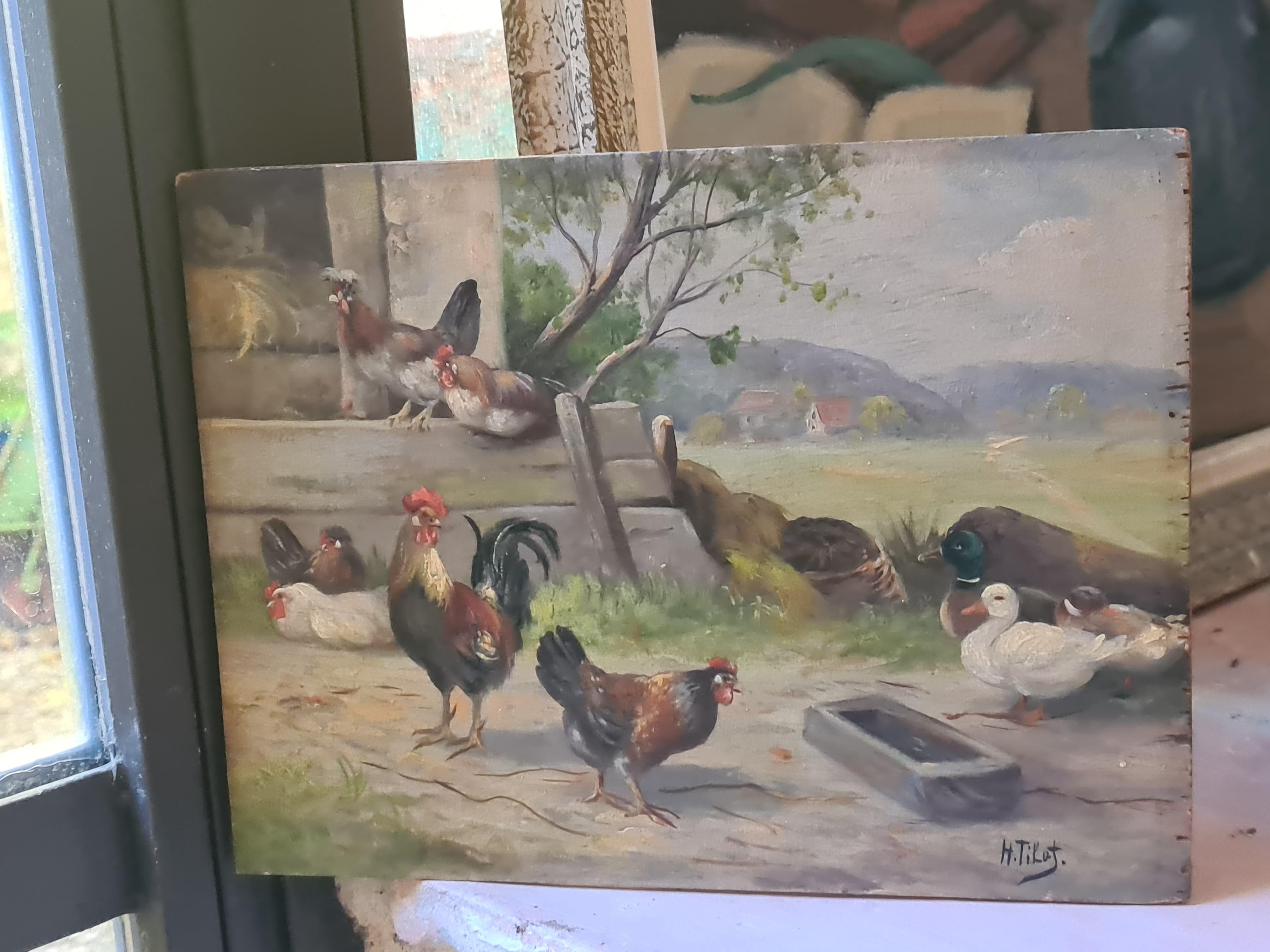Óleo francés sobre tabla Paisaje rural, gallinas y patos en un corral. - Painting Romántico de H Tikat