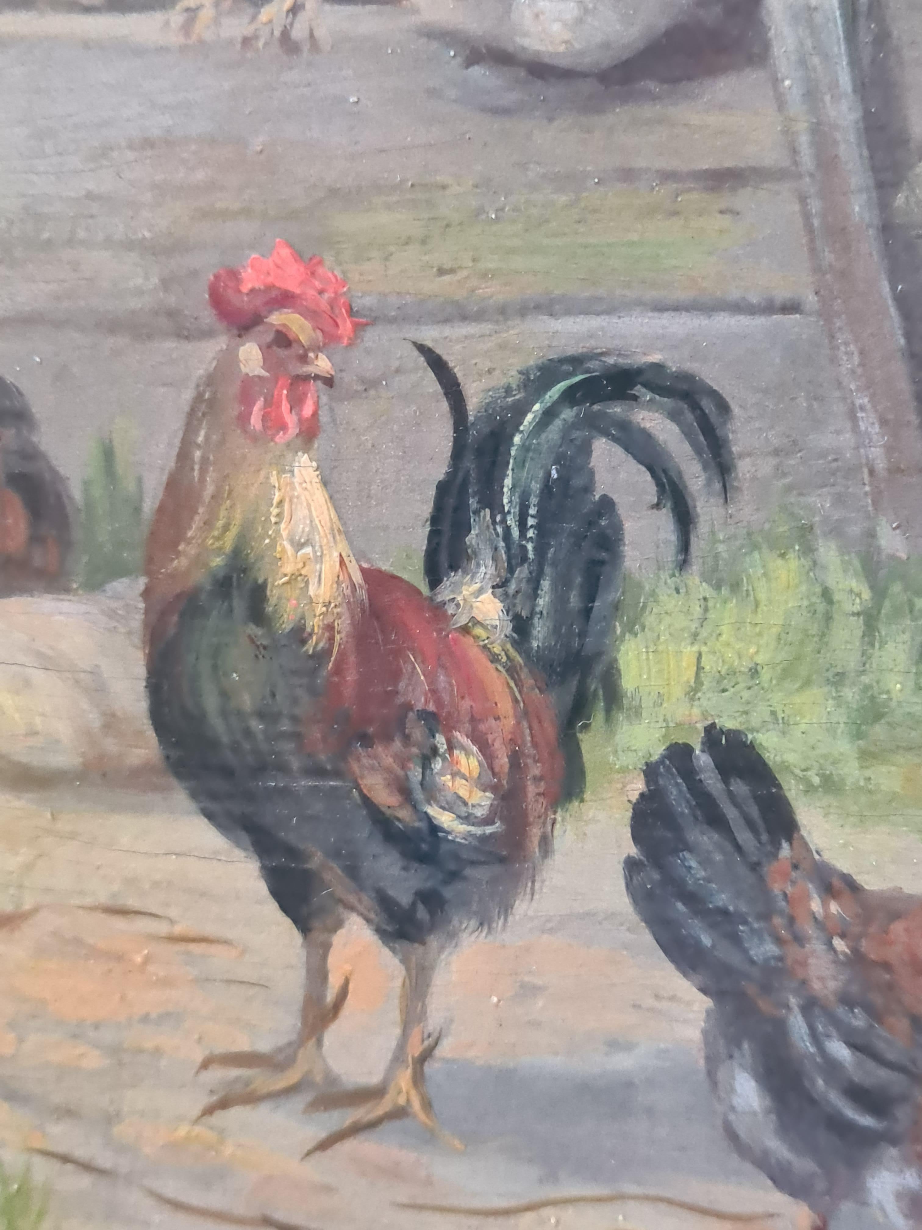 Óleo francés sobre tabla Paisaje rural, gallinas y patos en un corral. - Animal Painting Marrón de H Tikat