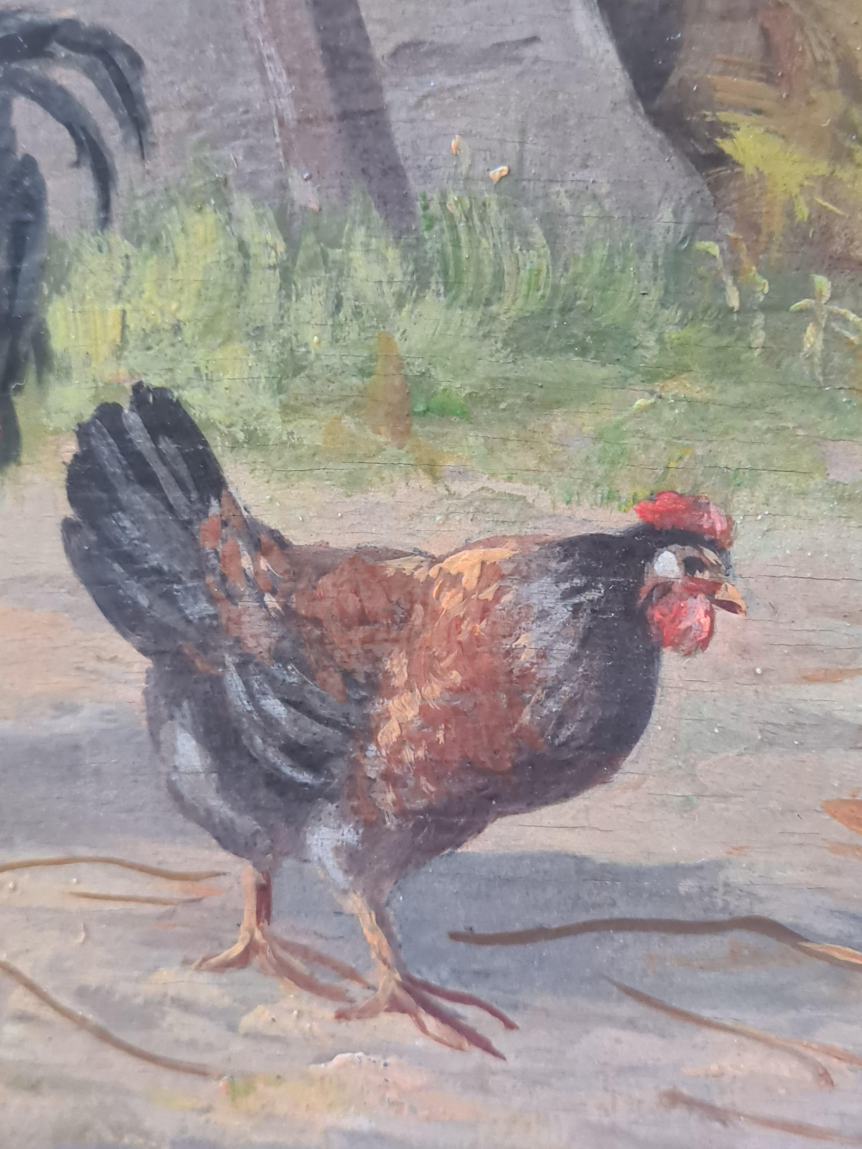 Óleo francés sobre tabla de madera, vista de un corral soleado con gallinas y patos, por H Tikat. El cuadro está firmado abajo a la derecha.

Una encantadora vista rural de un gallinero en un corral con gallinas y patos. En el centro, un gran gallo