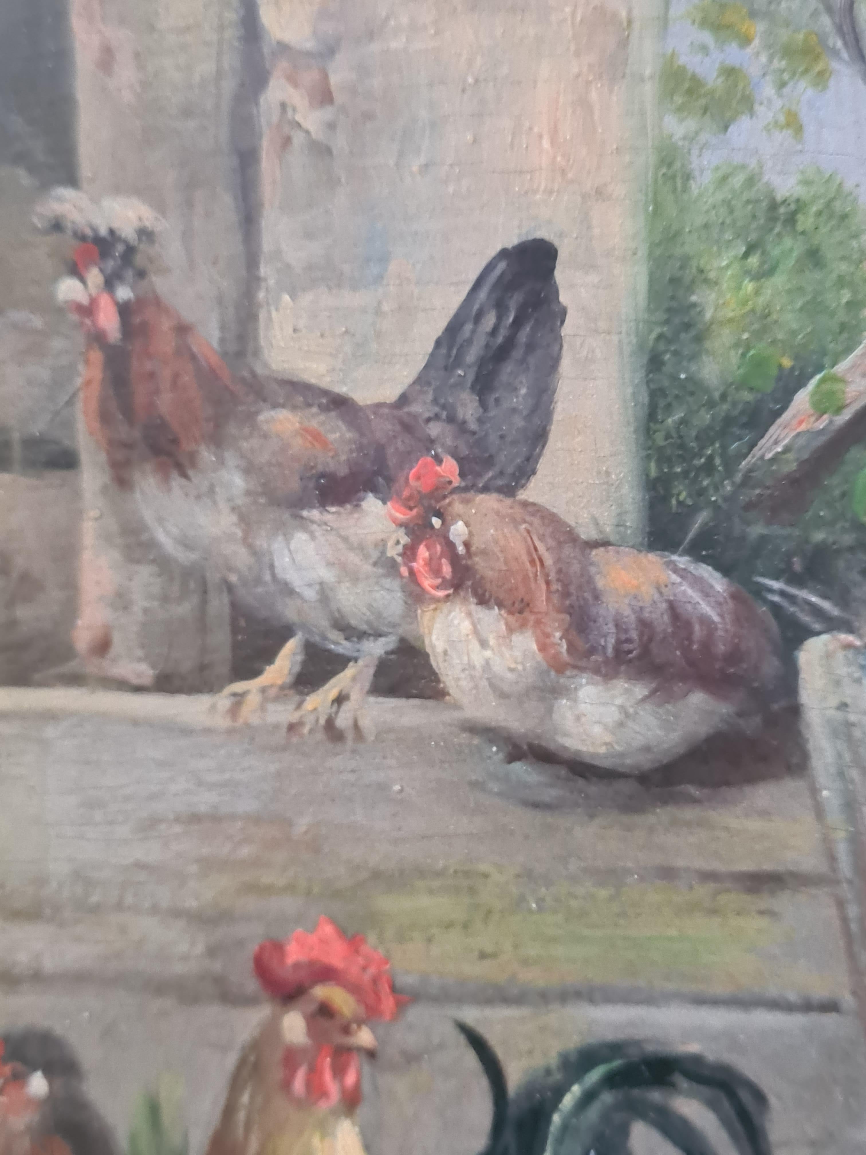 Óleo francés sobre tabla Paisaje rural, gallinas y patos en un corral. en venta 1