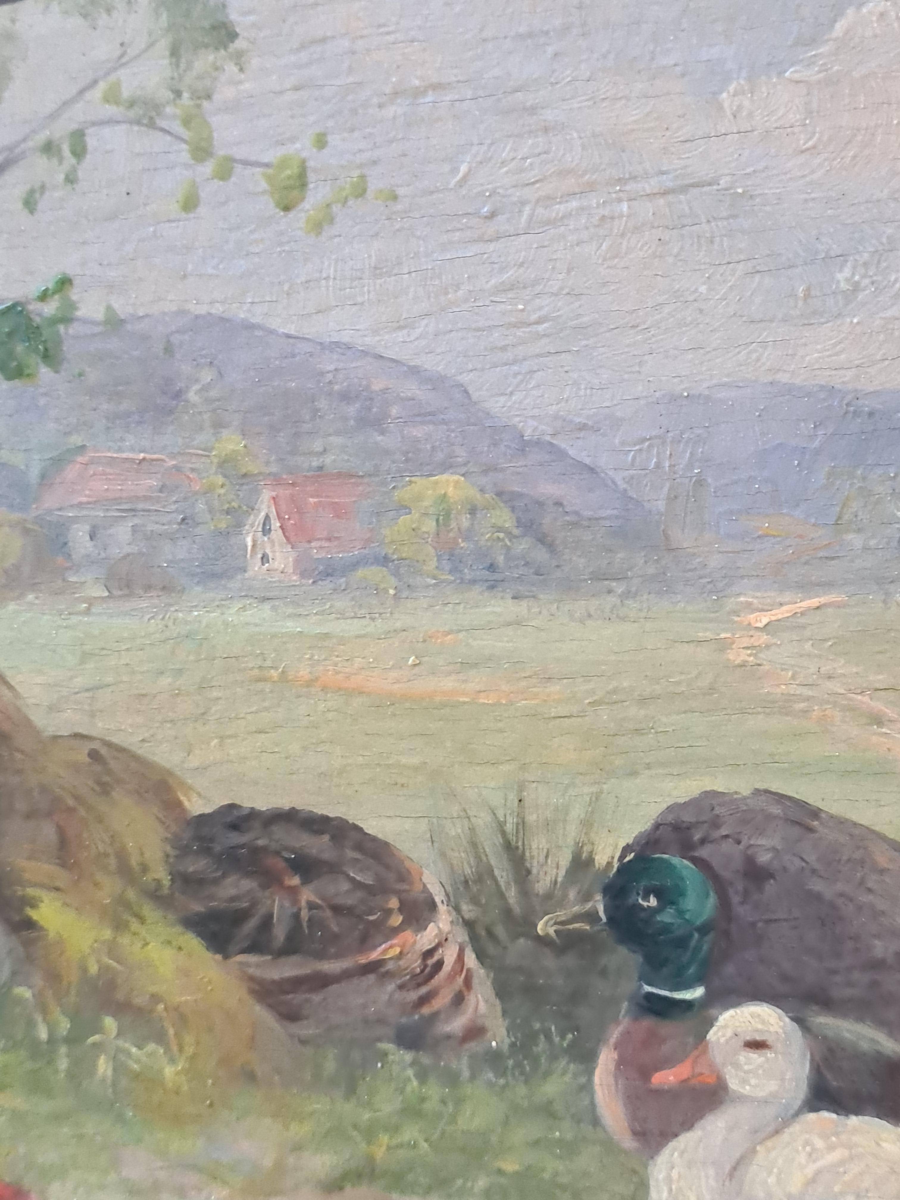 Óleo francés sobre tabla Paisaje rural, gallinas y patos en un corral. en venta 2