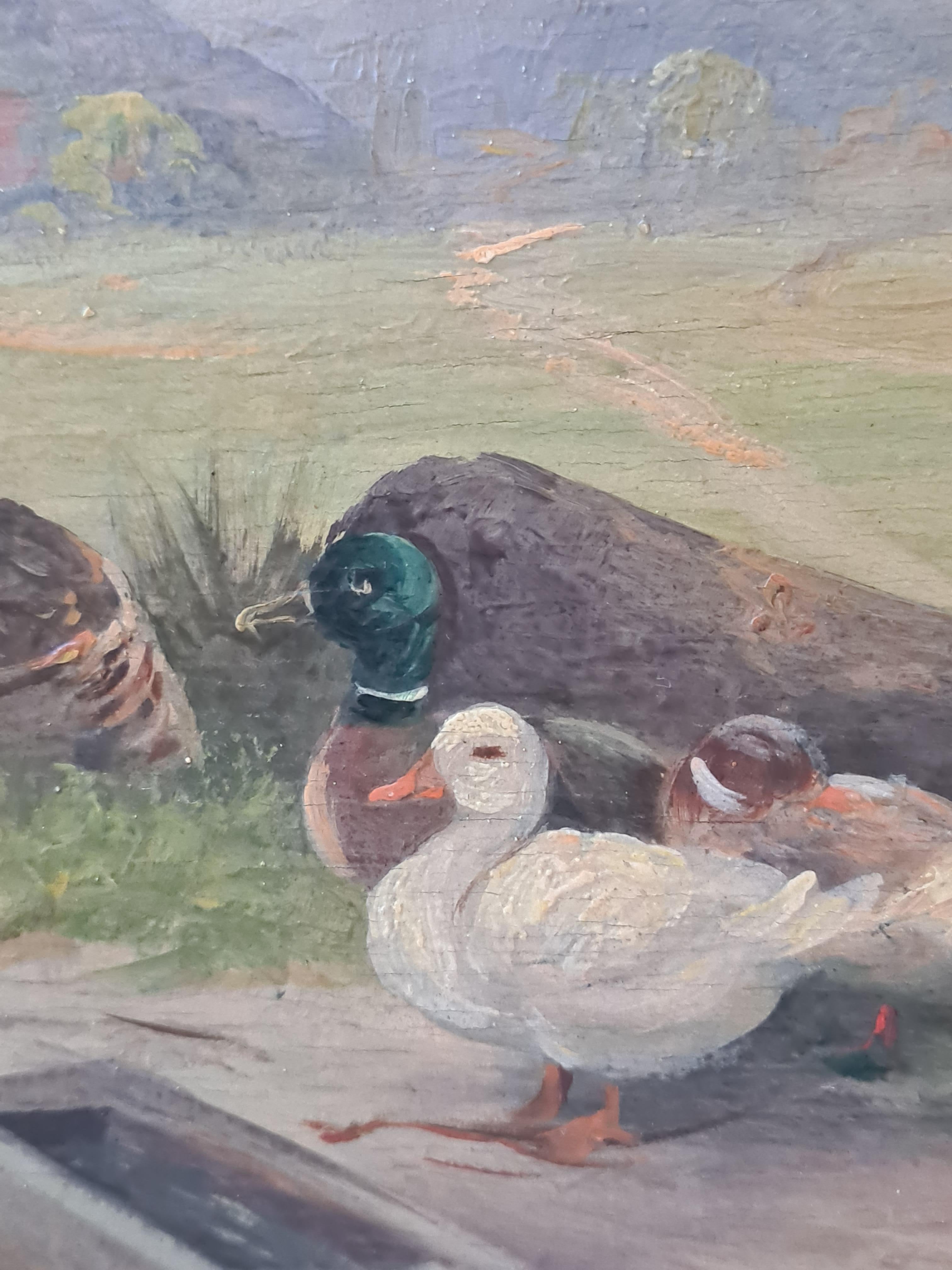 Óleo francés sobre tabla Paisaje rural, gallinas y patos en un corral. en venta 3