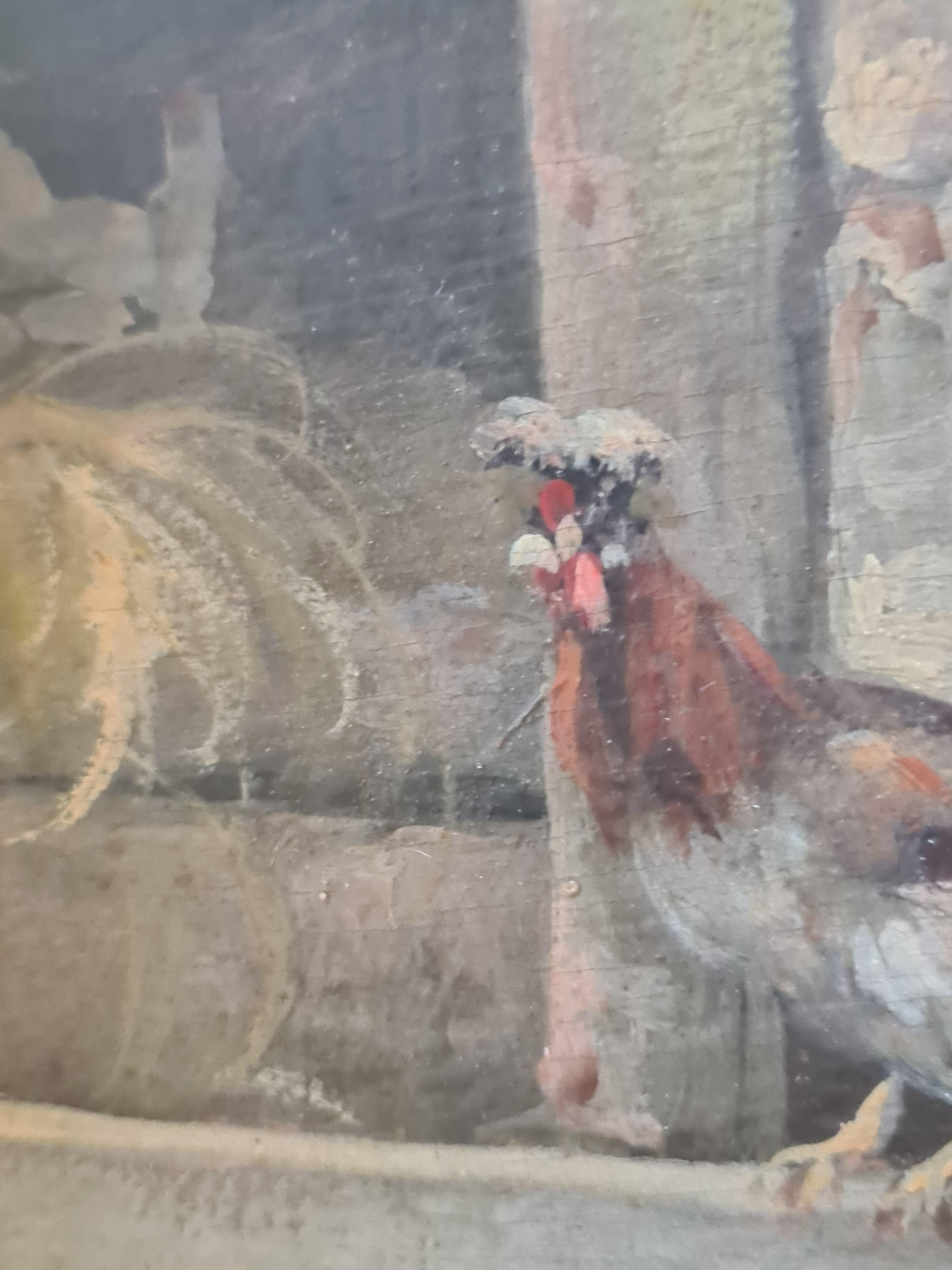 Óleo francés sobre tabla Paisaje rural, gallinas y patos en un corral. en venta 4