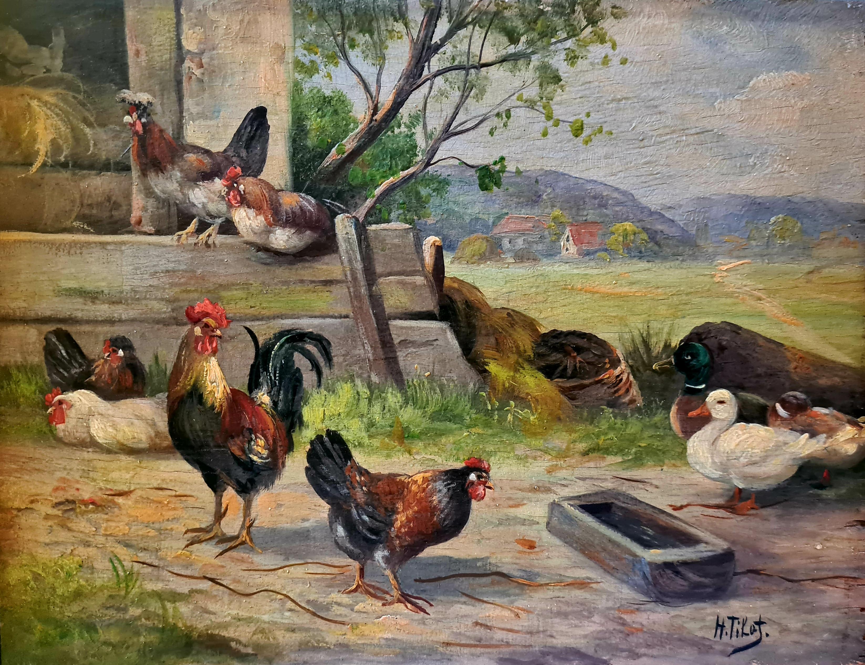 Paesaggio rurale francese a olio su pannello, galline e anatre in un'aia.