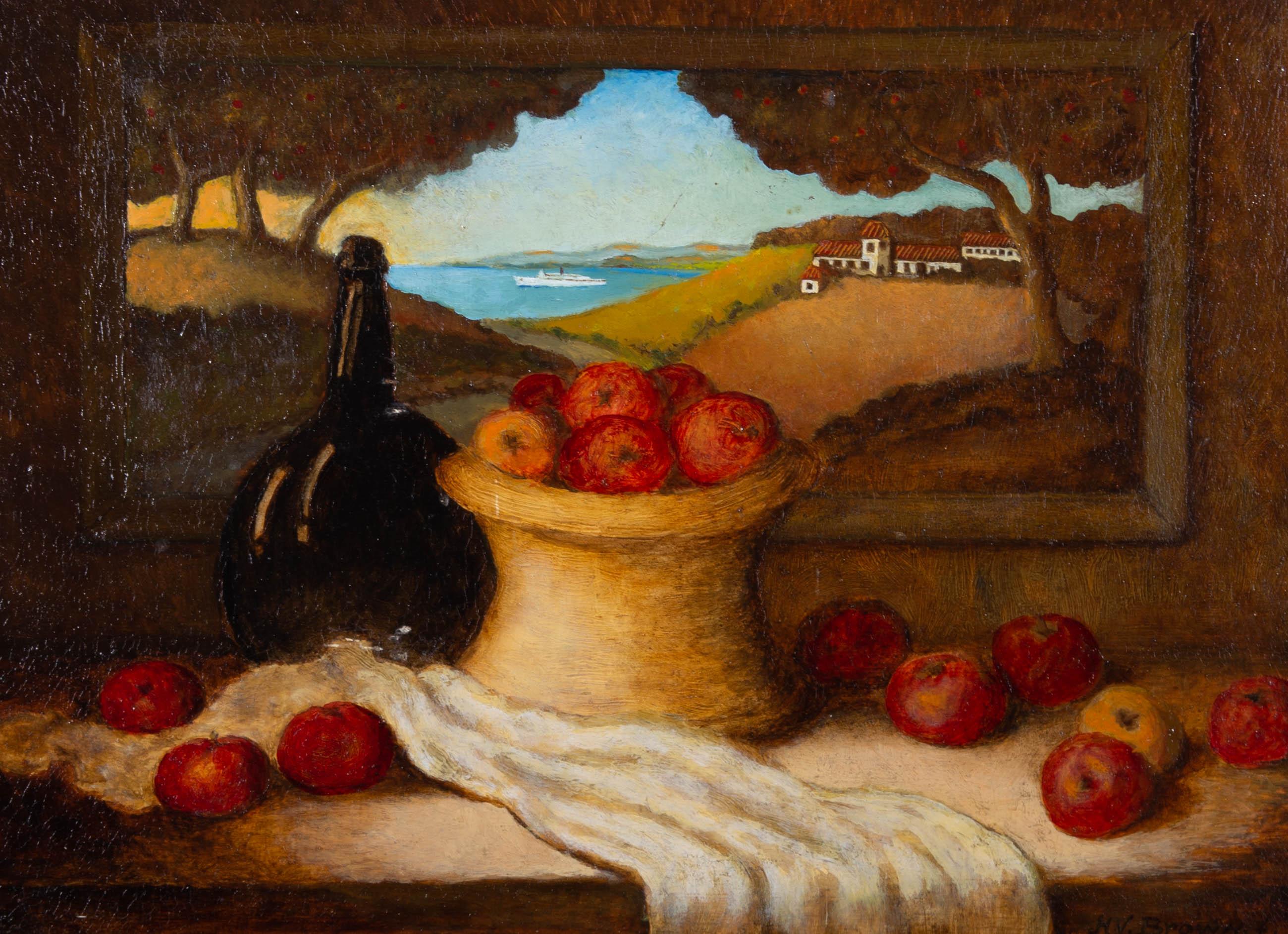 This vibrant still life study depicts a basket of apples near a dark glass bottle and white cloth. Behind the objects a landscape painting is hung, showing a scenic sunset landscape. The artist has captured a stark contrast between the deep colours