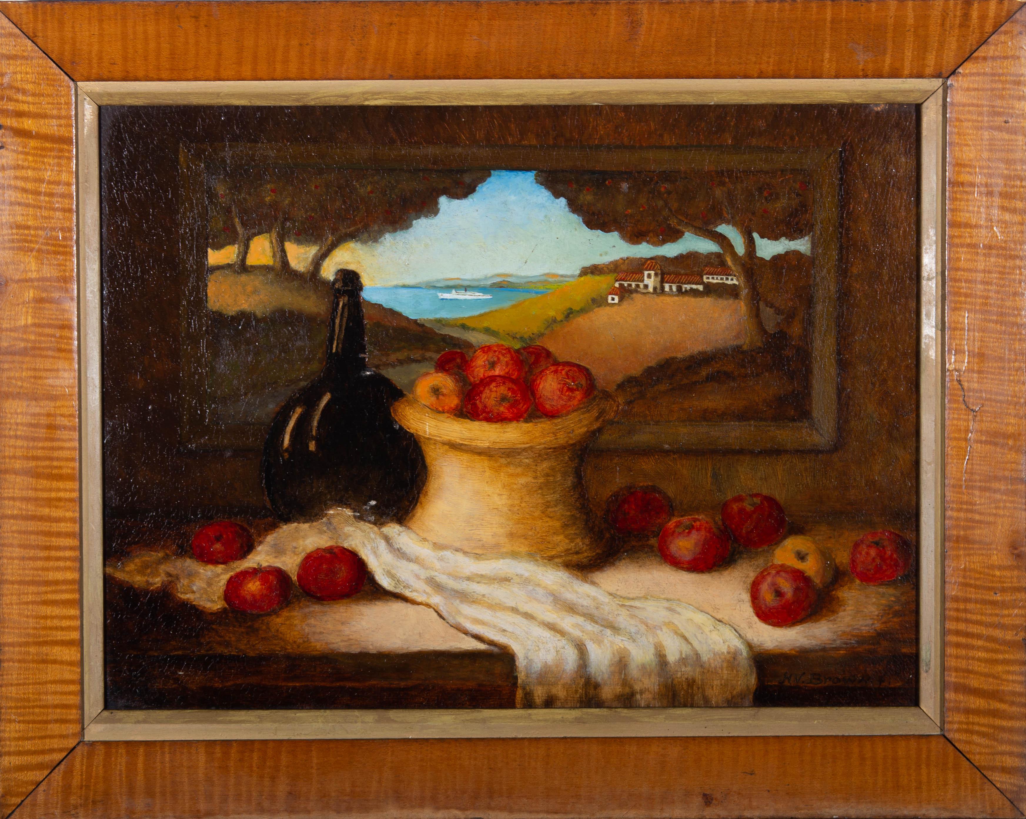Diese lebhafte Stilllebenstudie zeigt einen Korb mit Äpfeln neben einer dunklen Glasflasche und einem weißen Tuch. Hinter den Objekten ist ein Landschaftsgemälde aufgehängt, das eine malerische Landschaft bei Sonnenuntergang zeigt. Der Künstler hat