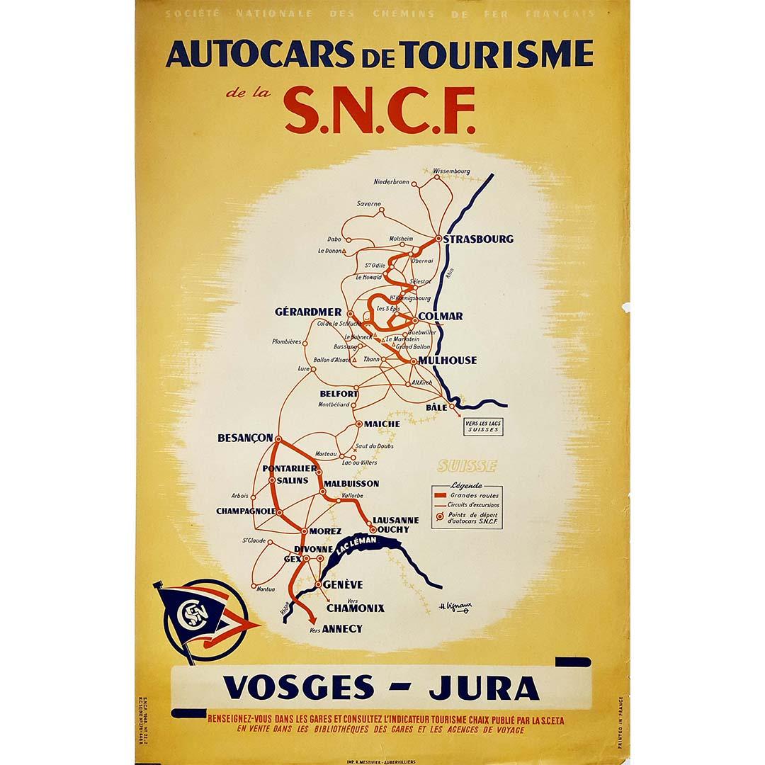 Französisches Vintage-Plakat, das die Buslinien von den Vogesen bis zum Jura zeigt, also von der französischen Grenze zu Deutschland bis zur Schweizer Grenze. Die Farben auf diesem Plakat sind besonders reizvoll: Blau, Rot und Gelb bilden eine