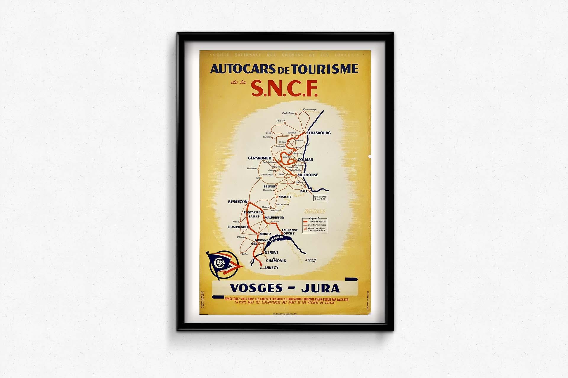 The Vintage Poster mit der Darstellung der Buslinien von den Vogesen zum Jura im Angebot 2