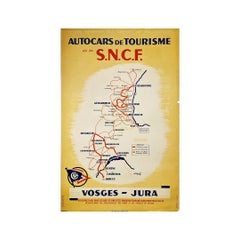 Affiche française vintage représentant les lignes de bus des Vosges à la Jura