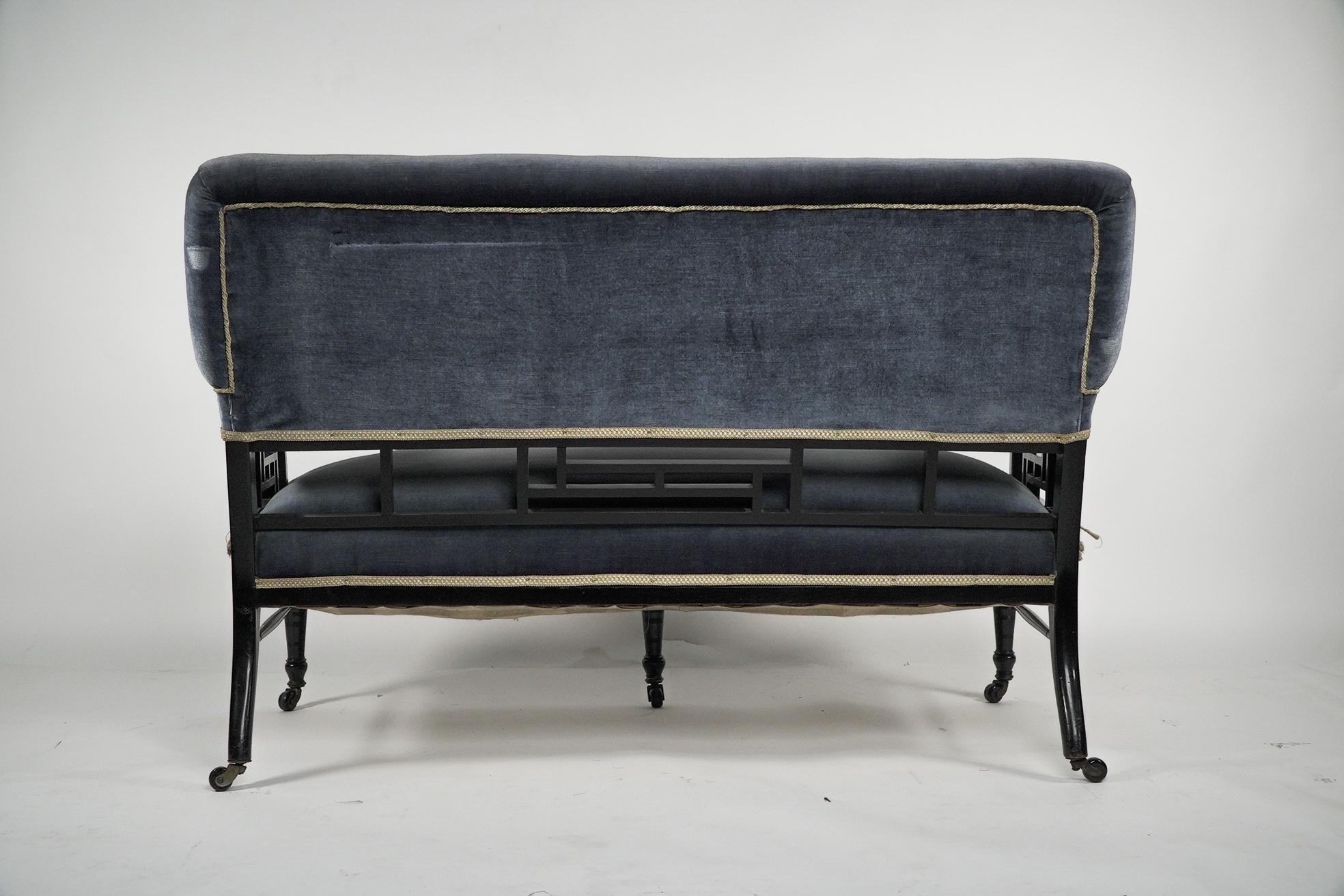 H W Batley. Anglo Japanese settee with fretwork below the backrest & to the arms For Sale 13