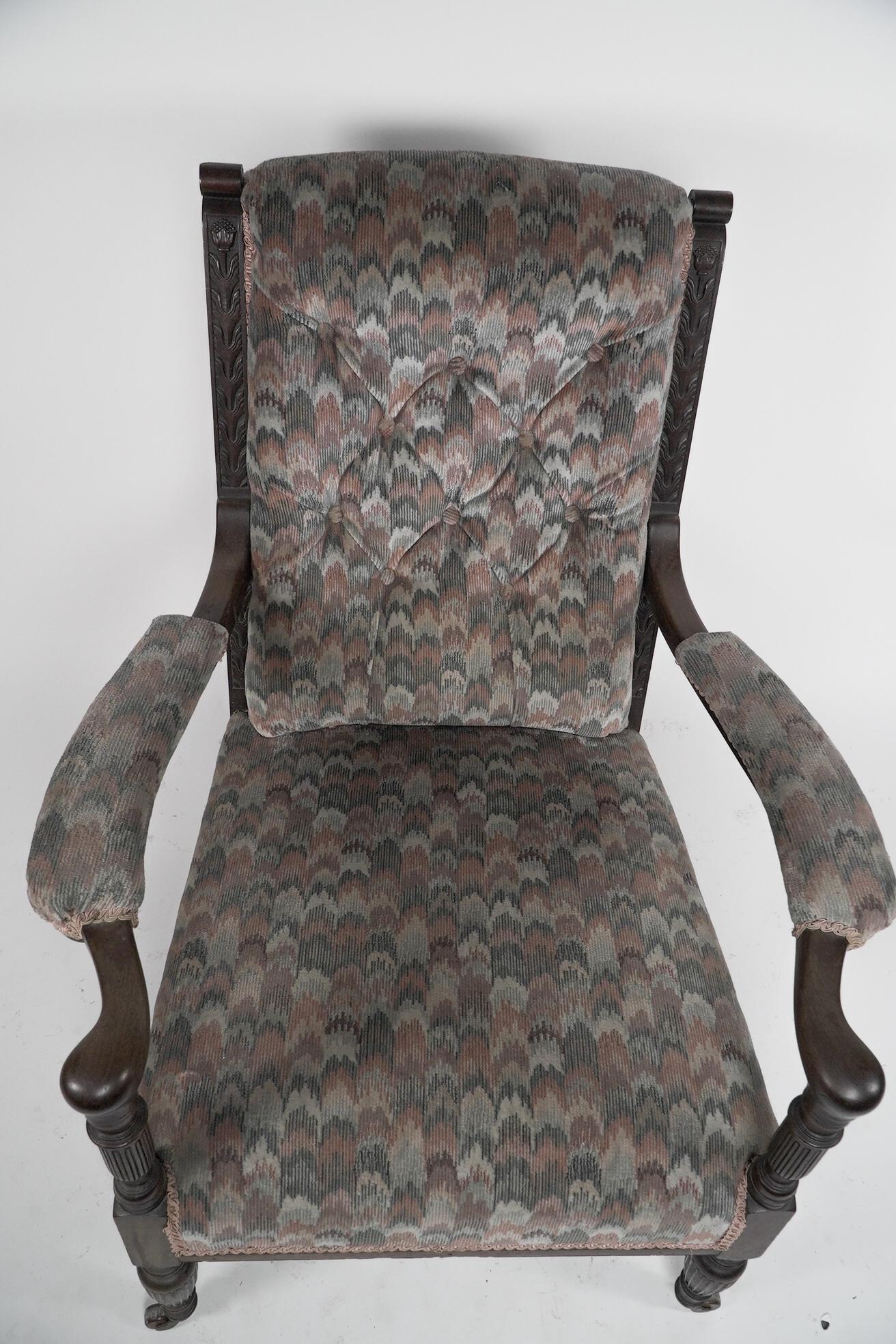 Hand-Carved H W Batley attri, Jas Shoolbred An Aesthetic Movement Mahogany Armchair For Sale