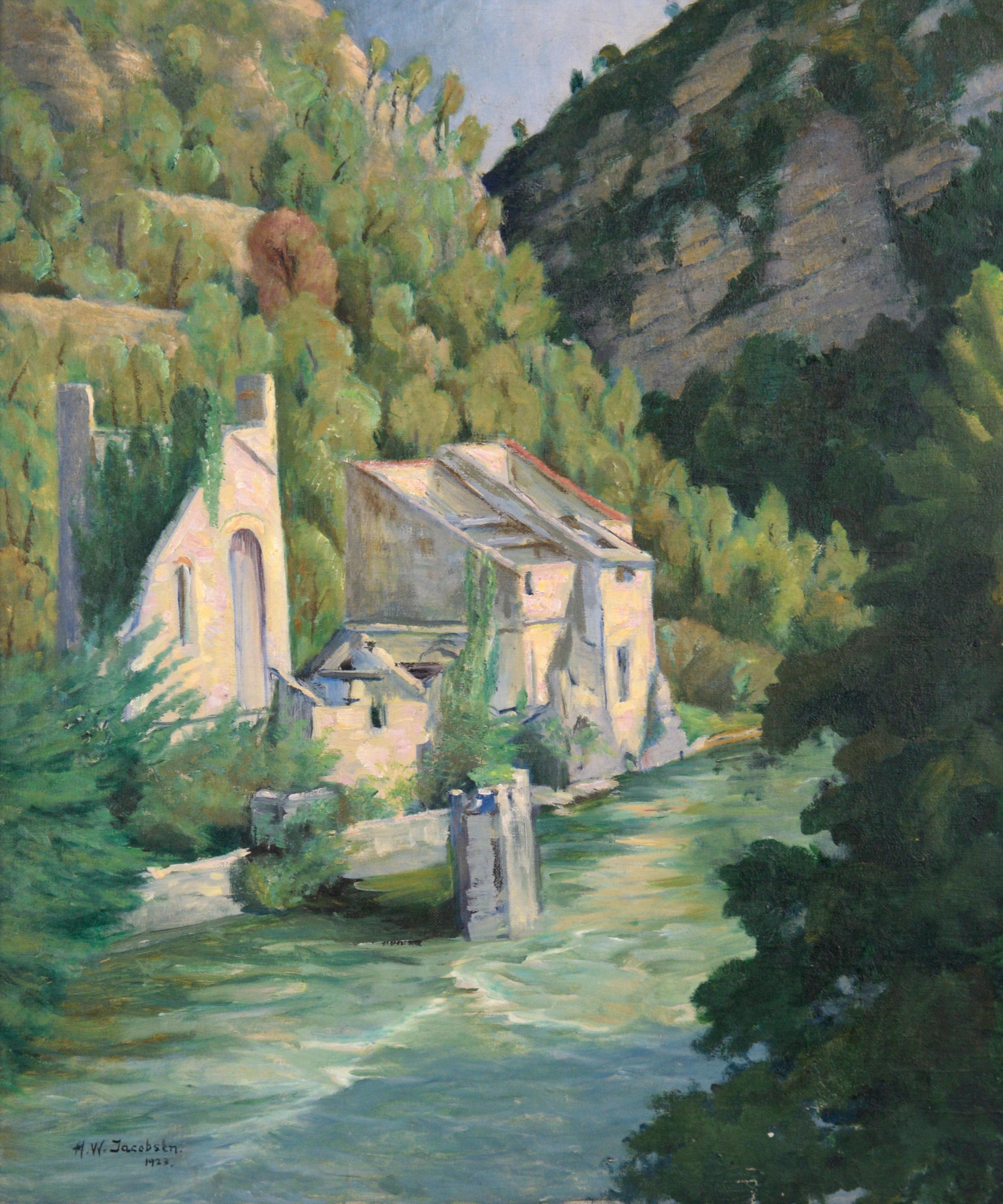 Monastery Ruins by the River - Landscape - Painting by H. W. Jacobsen
