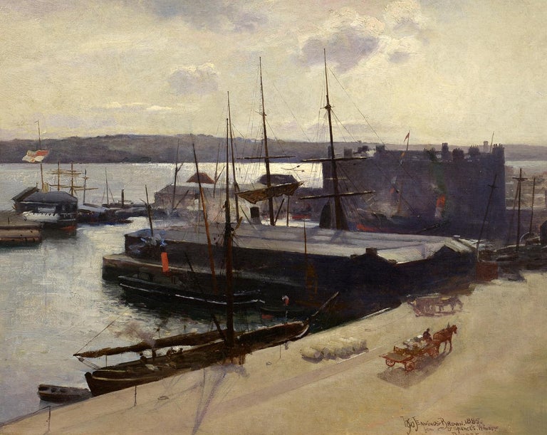 H. W. Jennings Brown Figurative Painting - "Dundee Harbor, 1885," 19th Century Realist Oil, Scotland, H W Jennings Brown