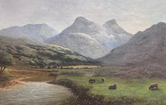Grande peinture à l'huile écossaise du 19ème siècle Bovins au pâturage Argyllshire Signée & Dat