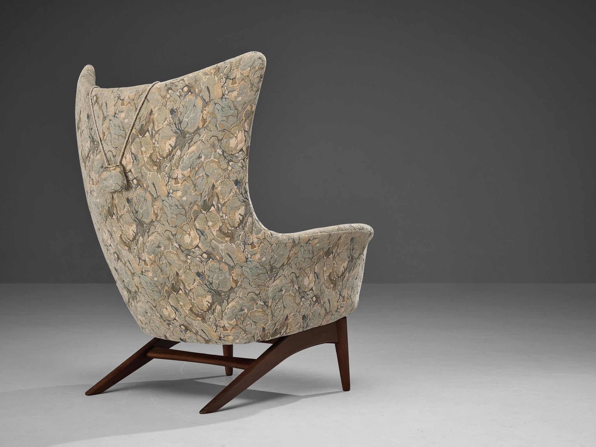 Danish H. W. Klein for Bramin Møbler Wingback Chair in Teak and Fabric Upholstery