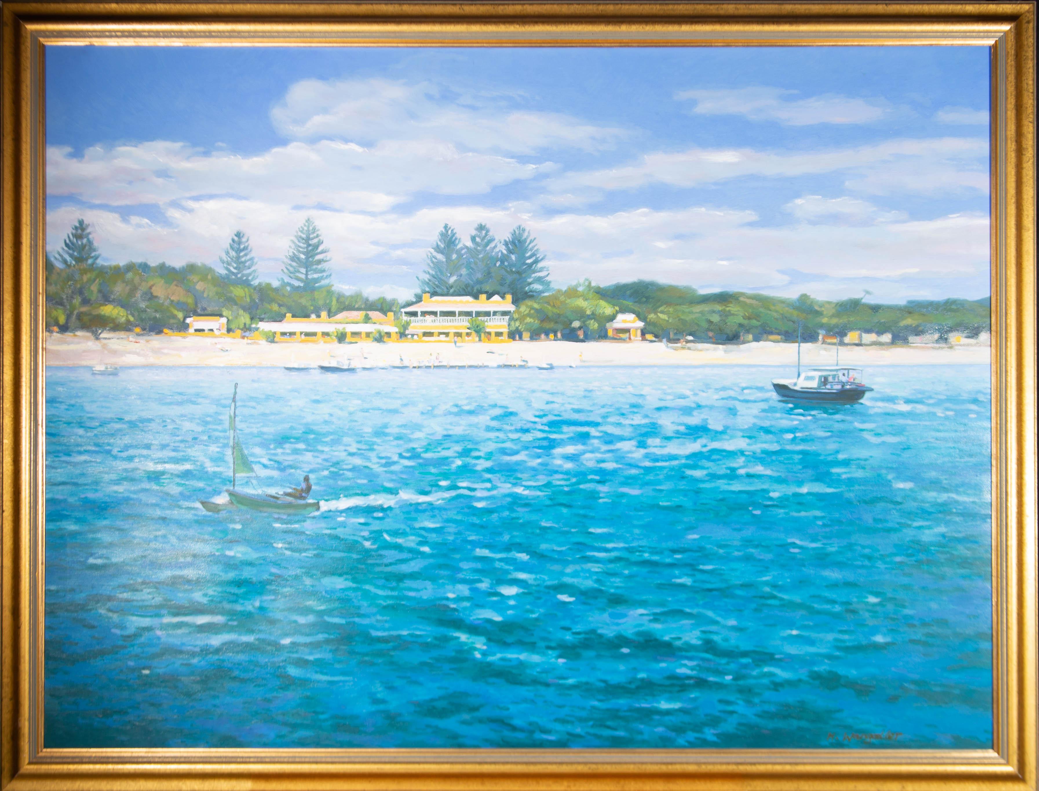 Boats sail across a crystal sea in this radiant painting of a sunny coastline finished with impasto detailing.

The combination of scale, vivid blues, and passive brushwork create a completely immersive and refreshing artwork.

Well presented in a