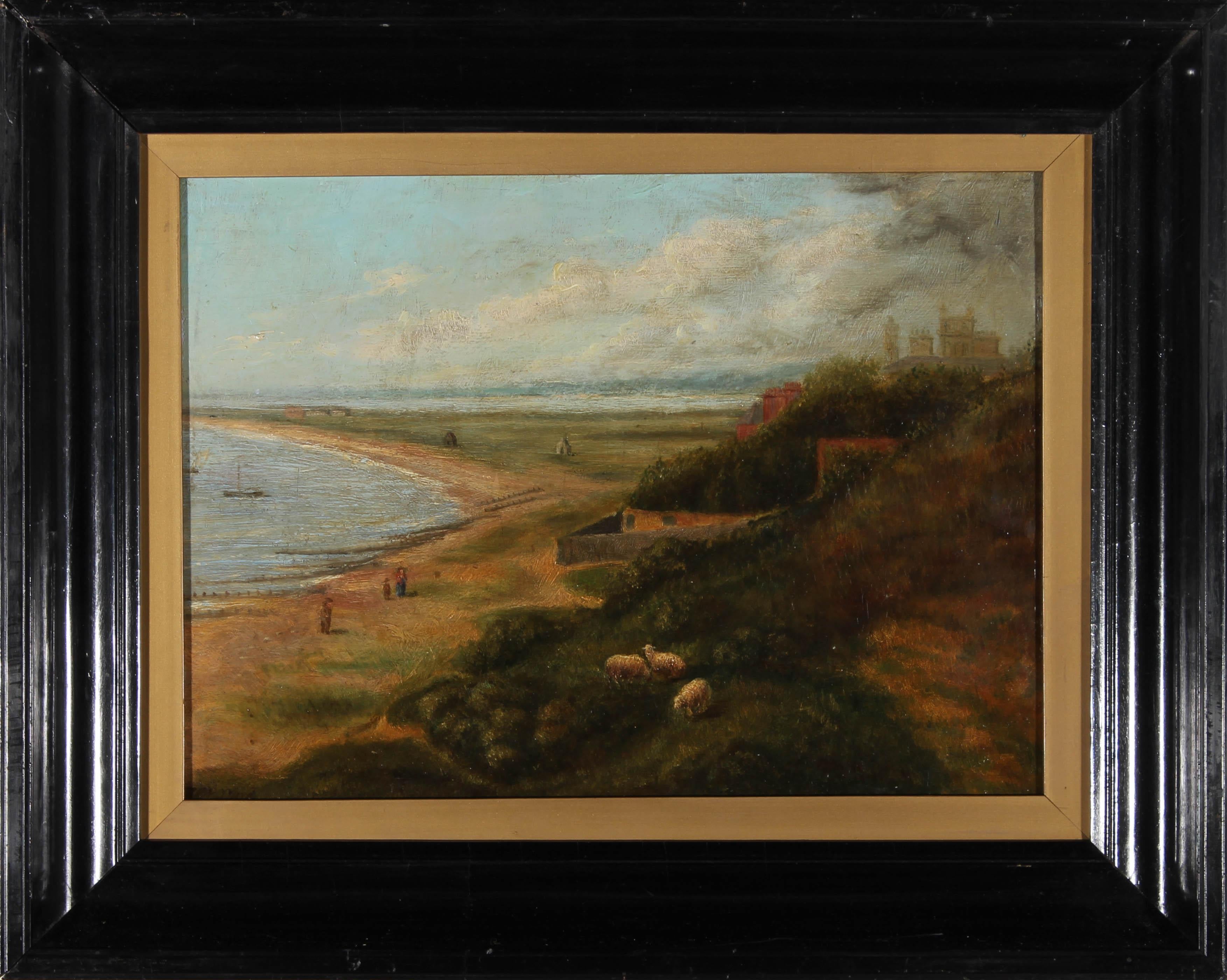 A charmingly naive piece of English folk art from the 19th Century, showing a topographical view of a coastal stretch with sheep grazing in the foreground and rooftops visible above the trees to the right. The artist has signed to the lower left
