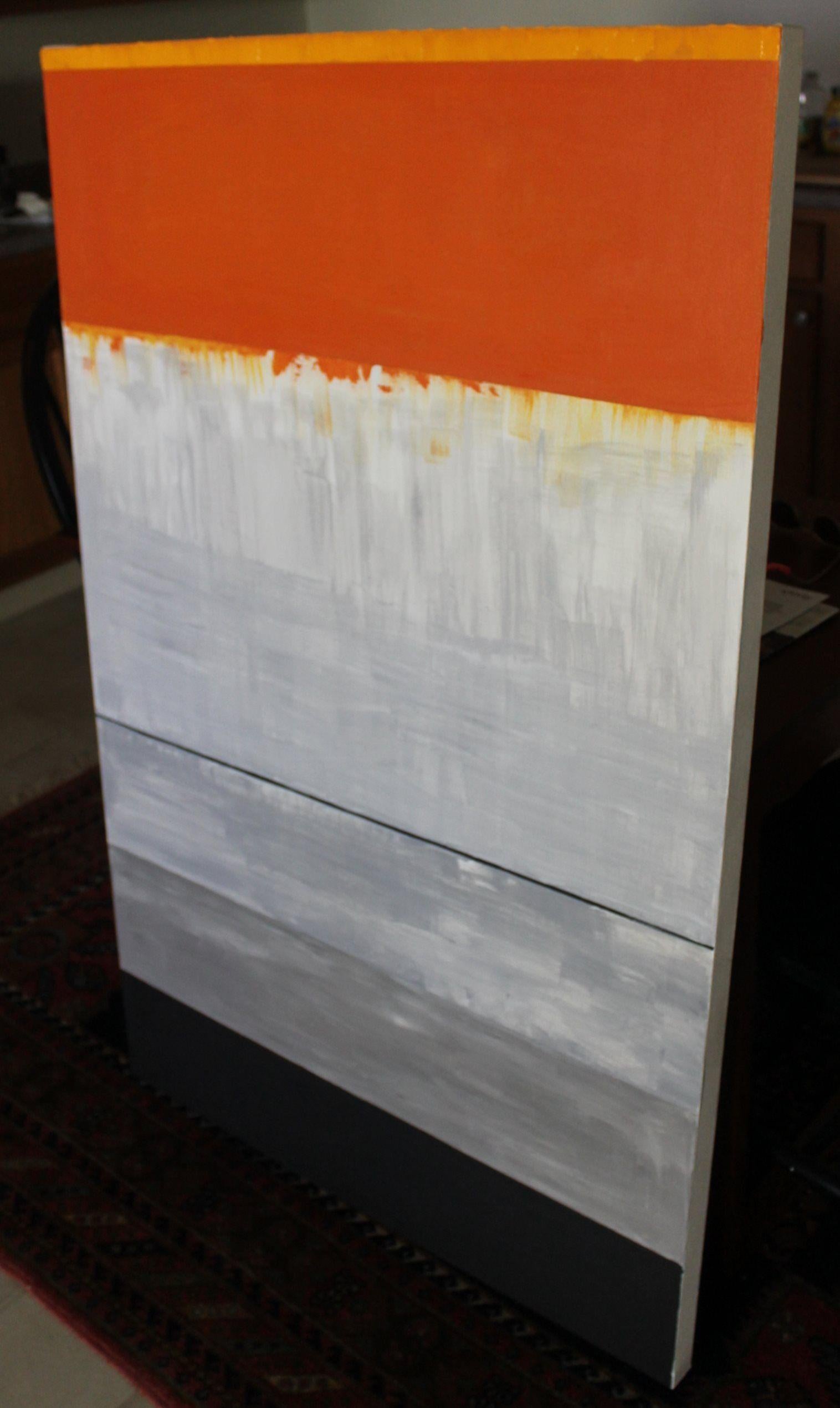 An abstract landscape, created in layered acrylic that was applied with palette knives.  The work is unframed, but strung and ready to hang.  The piece has a slightly minimalist feel.    Sunlight is rising at the top of the canvas (layered oranges),