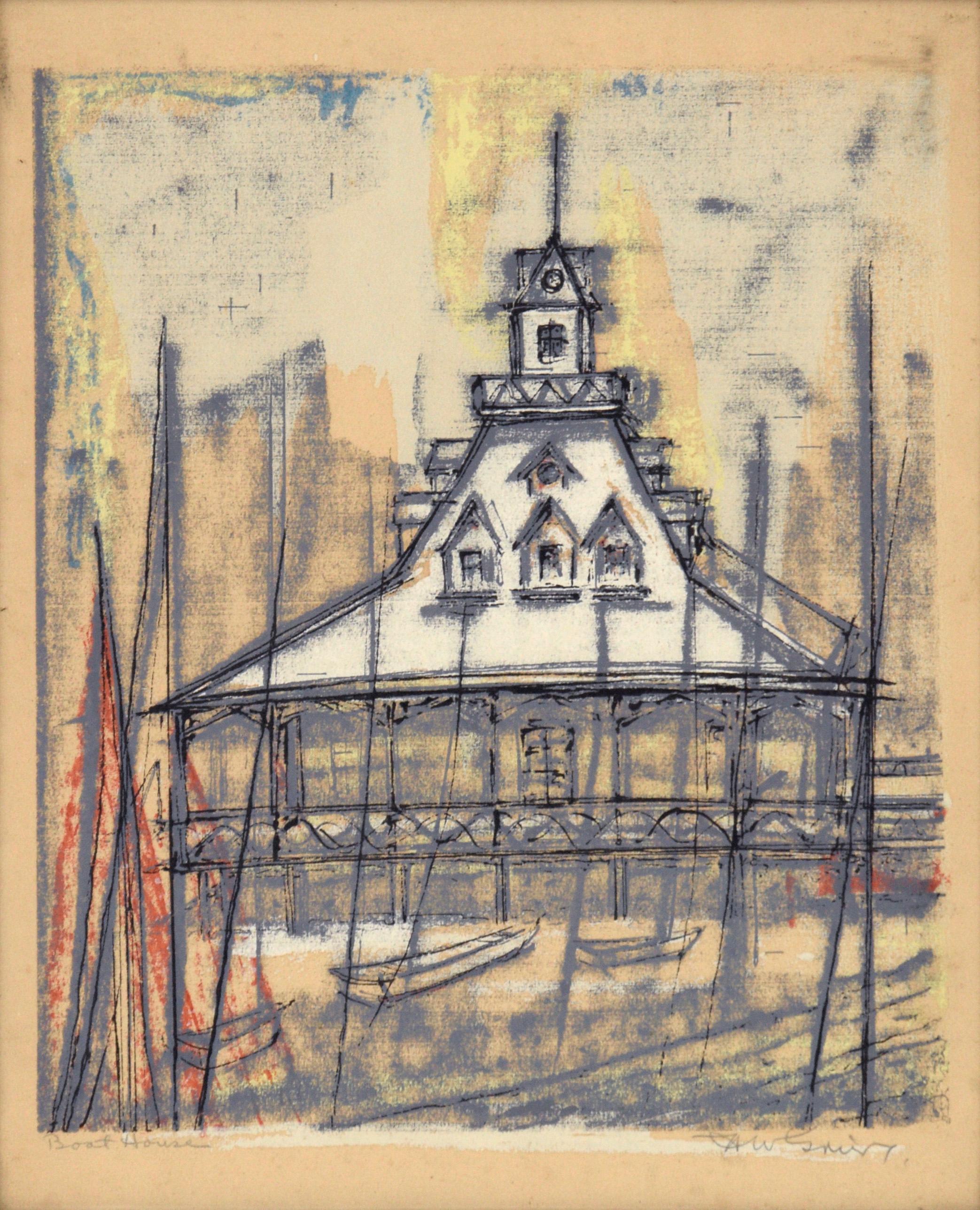 „Boat House“ San Diego – Mehrschichtiger Siebdruck mit Tinte auf Karton – Print von H. Wilson Smith