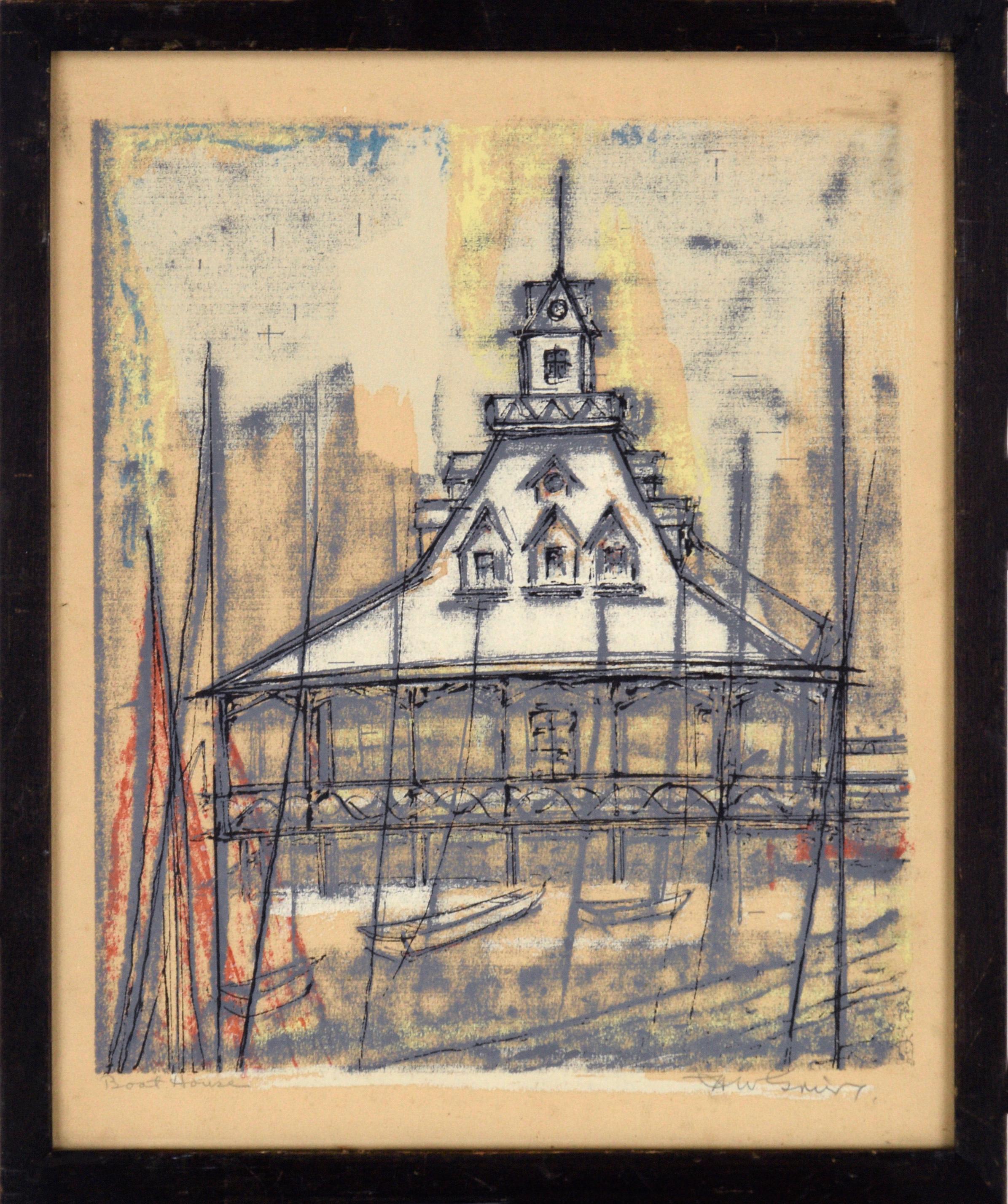 H. Wilson Smith Landscape Print - "Boat House" San Diego- Multi Layer Screen Print in Ink on Cardstock