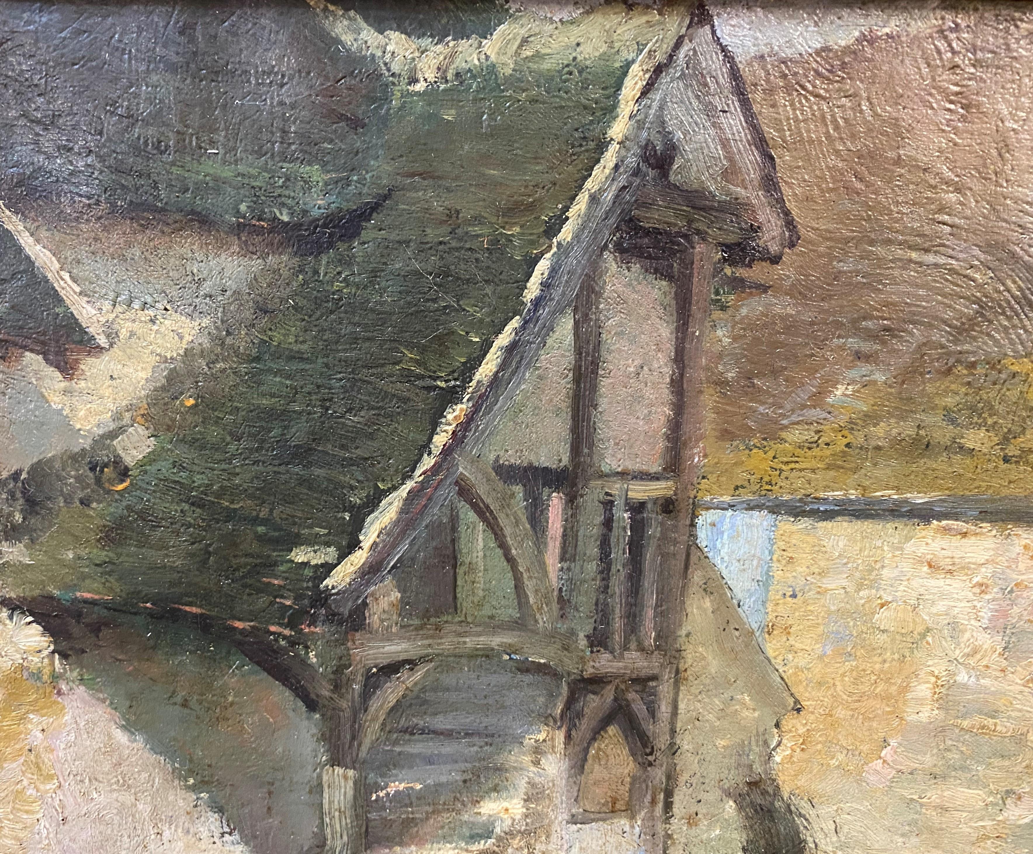 Un bel dipinto di genere impressionista di donne che danno da mangiare alle galline nel cortile dell'artista americano H. Winthrop Pierce (1850-1935). Pierce è nato a Boston, ha studiato al Boston Museum of Fine Arts, sotto la guida di Otto