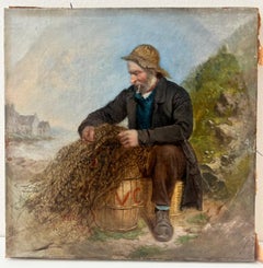 Antique English Oil Painting Cornish Fishermen Tending his Nets on the Shore