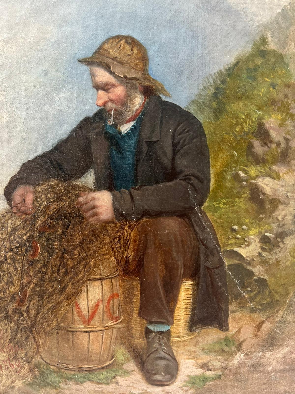 Antique English Oil Painting Cornish Fishermen Tending his Nets on the Shore For Sale 1