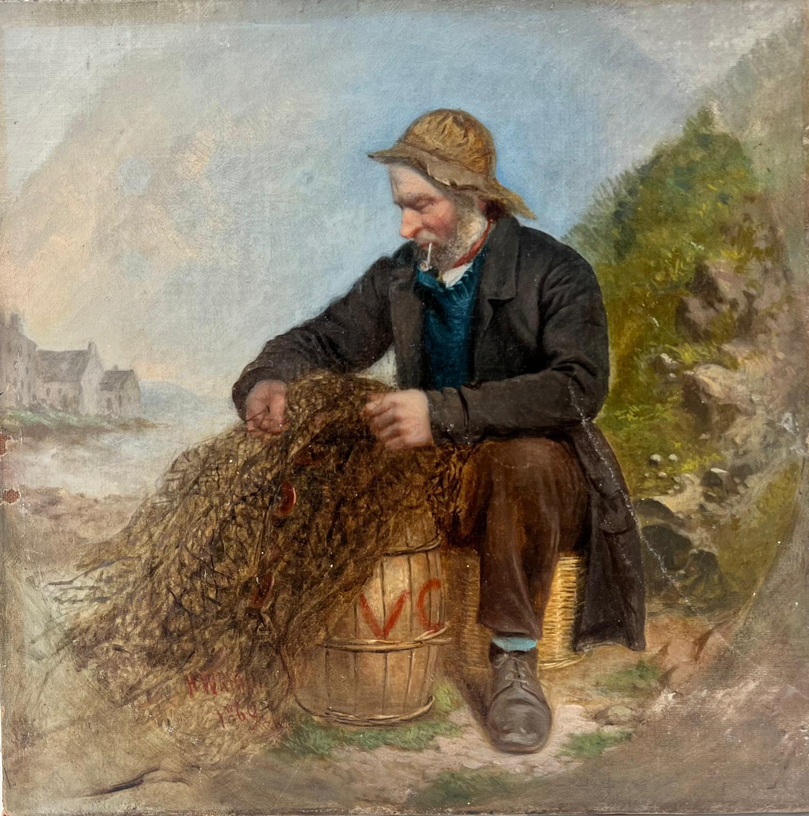 Antique English Oil Painting Cornish Fishermen Tending his Nets on the Shore