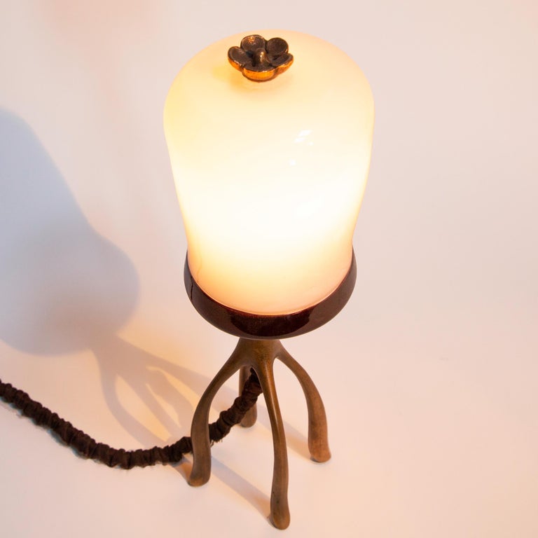 Hand-Carved H57 Boudoir Table Lamp Cast Bronze and Blown Glass, Jordan Mozer, USA 2007 For Sale