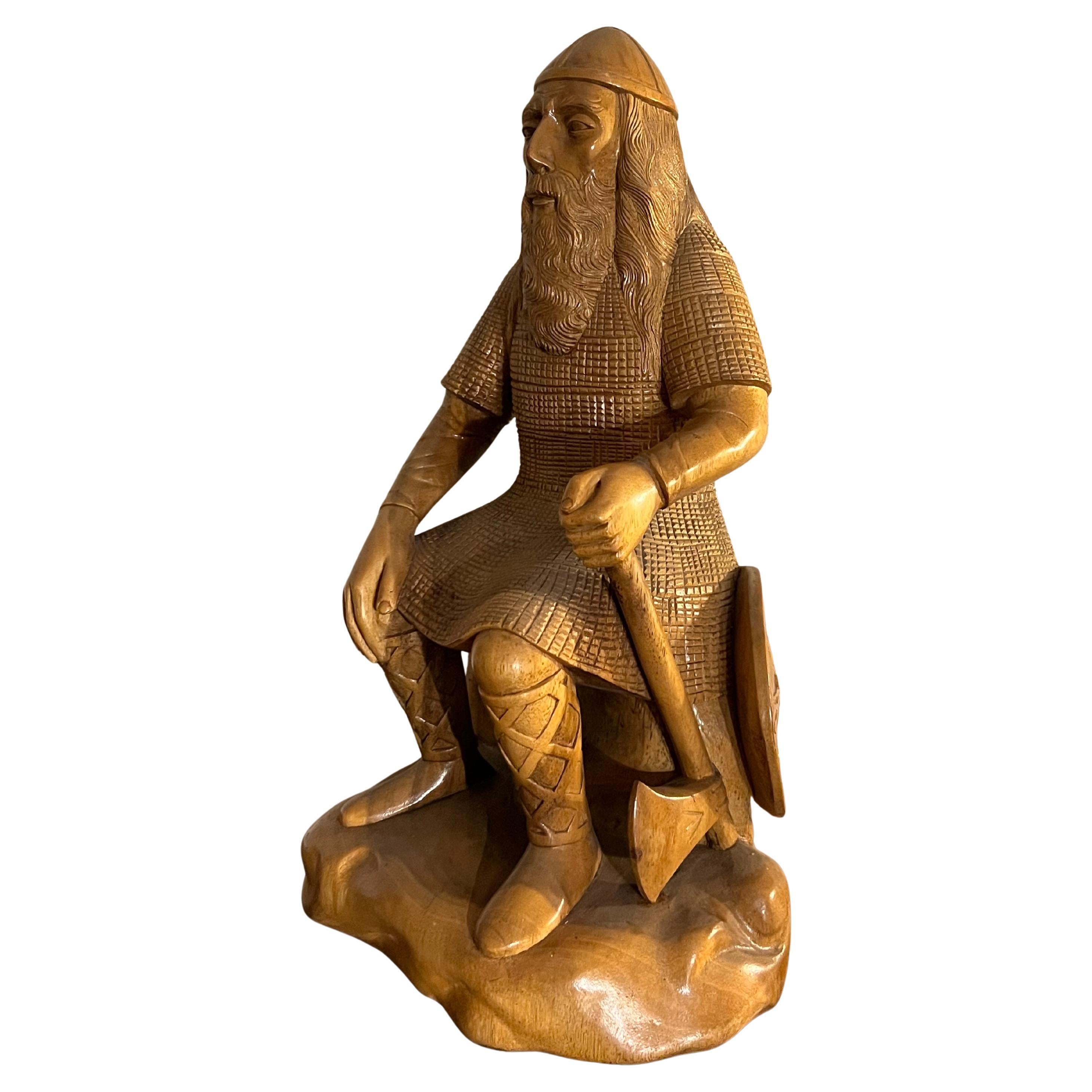H.63cm Hand-crafted Viking Sculpture, Norway, Wood Carving Folk Art For Sale