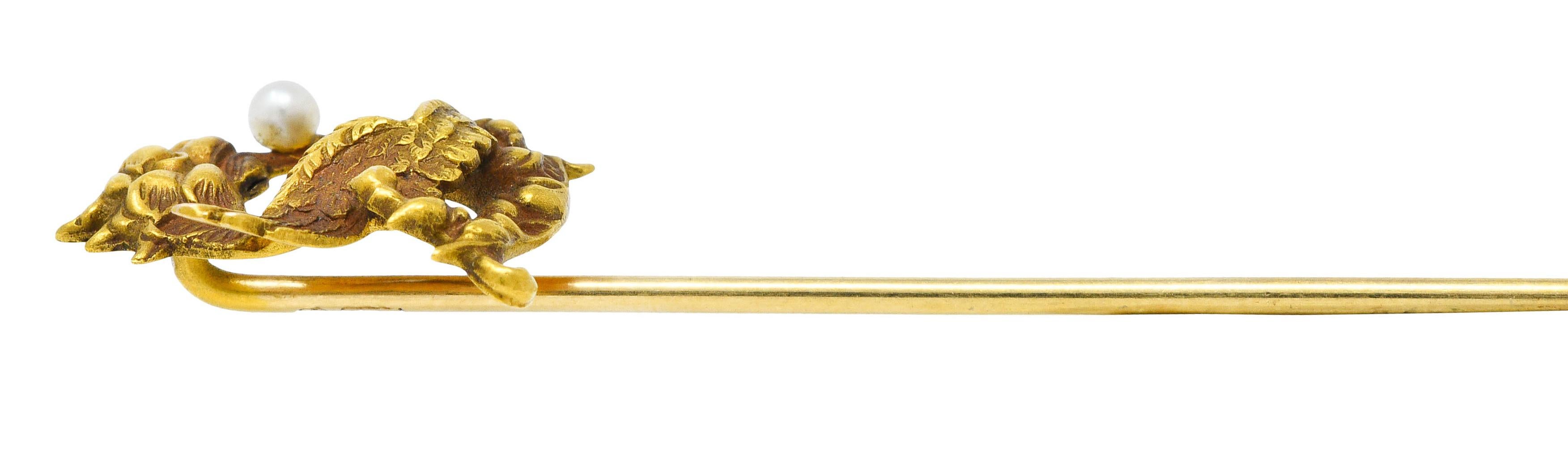 Edwardian H.A. Kirby Pearl 14 Karat Gold Serpent Dragon Stickpin