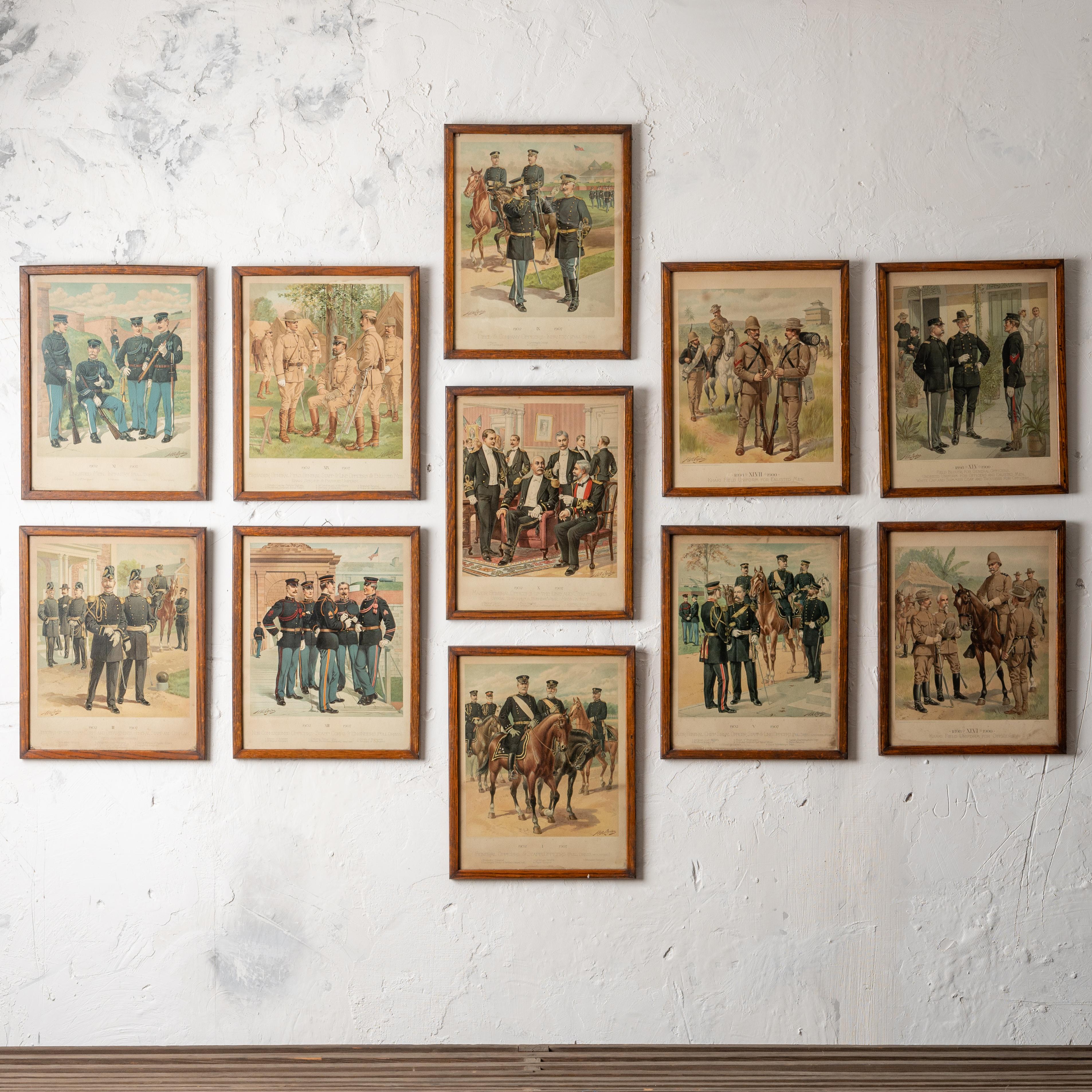 A set of 11 H.A. Ogden chromolithographs depicting U.S. Military uniforms in period frames, circa 1908.

14 by 17 ½ inches; ¾ inches deep

