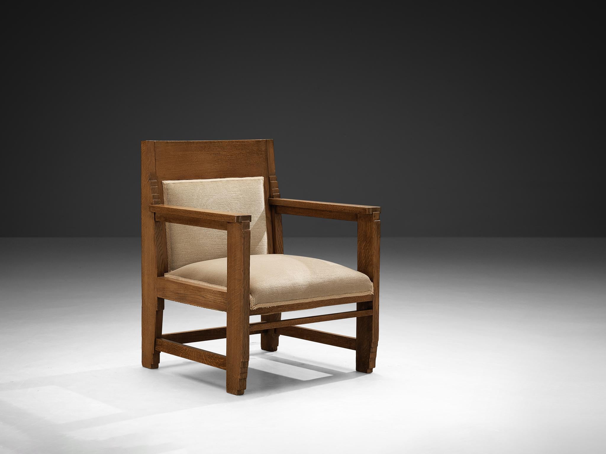 Paire de chaises longues de l'école Haagse en chêne et tissu beige 5